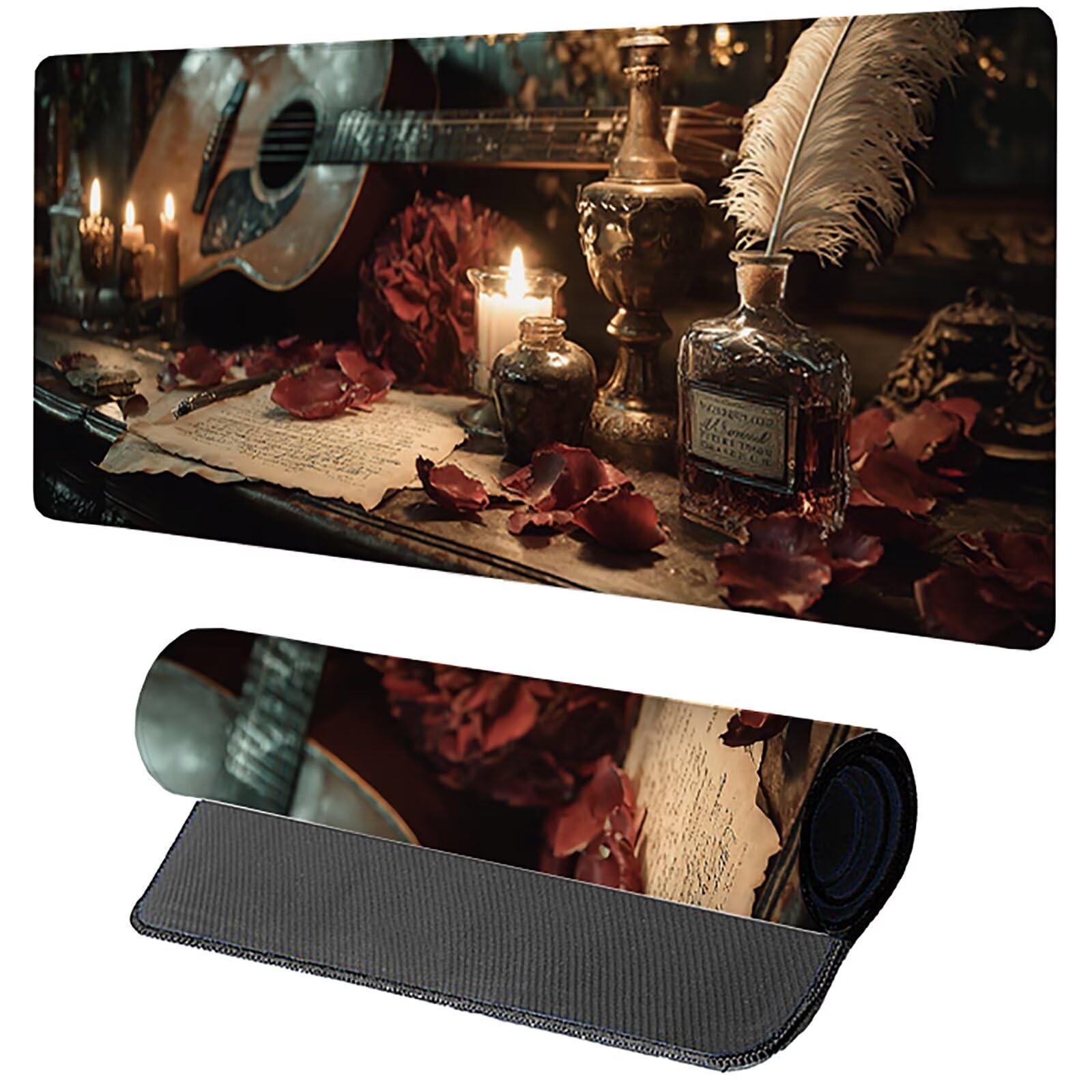 Podkładka pod mysz XXL do gitary, duża podkładka na biurko 1200 x 600 x 3 mm piórko, podkładka pod mysz z antypoślizgową gumową podstawą, akcesoria do gier, podkładka na biurko z zszytymi krawędziami