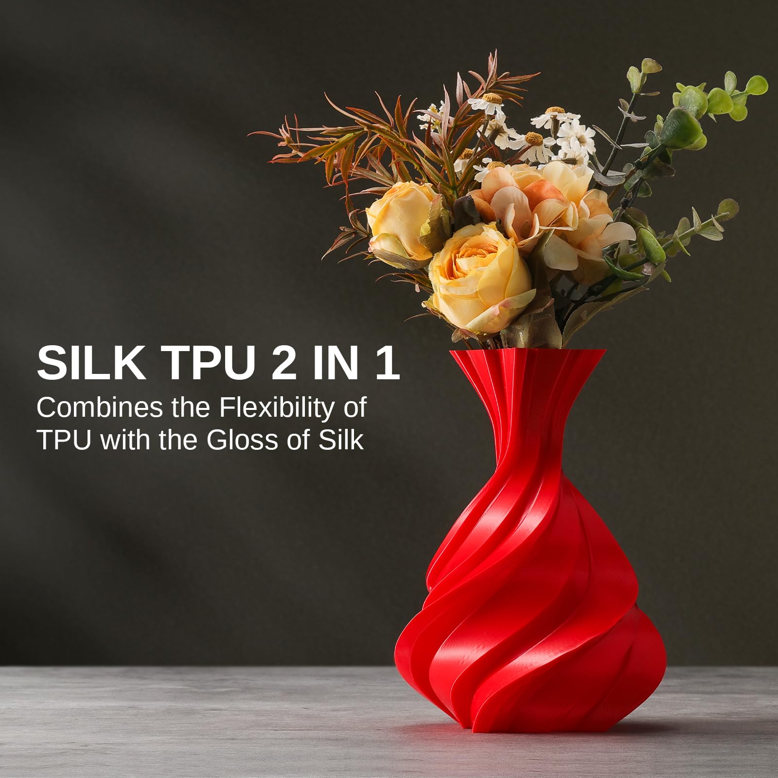 Zestaw filamentów SainSmart Silk TPU, elastyczny filament TPU do drukarek 3D 95A, 1,75 mm, błyszcząca powierzchnia jedwabista, zestaw 4 x 250 g, złoty, ciemnosrebrny, niebieski, czerwony