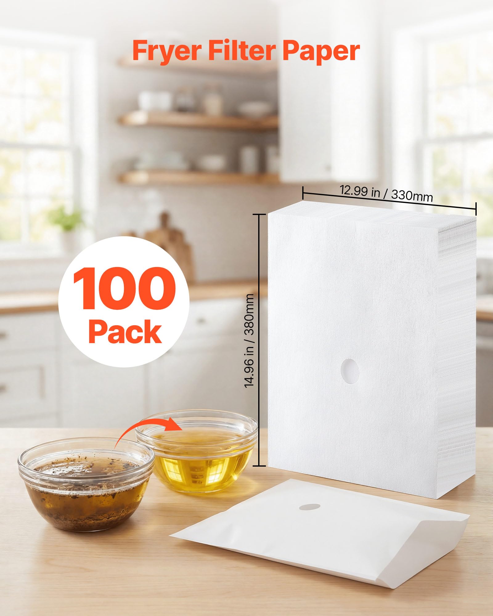 VEVOR Confezione Fogli di Carta Filtro di Ricambio per Friggitrice 100 pz | Carte Filtranti di Ricambio per Friggitrice per Cucina, Dimensioni 380 x 330 mm, Ristoranti, Bar, BBQ, Filtrazione dell'Olio