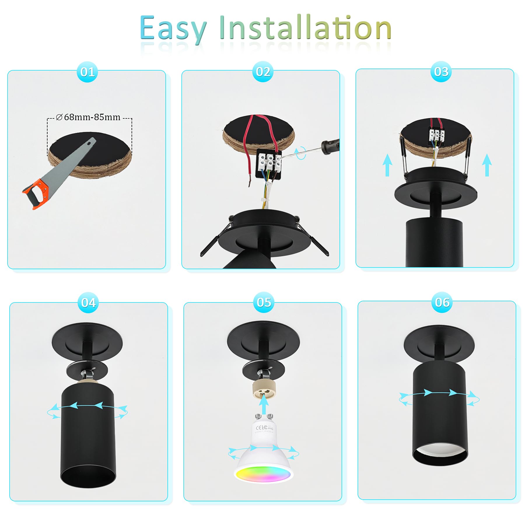 2x GU10 Lámpara de Techo Negra, Focos LED Interior Techo Orientables y Giratorios, Lámpara de techo con anillo frontal extraíble para Salon, Dormitorio, Pasillo, Comedor, Sin Bombilla