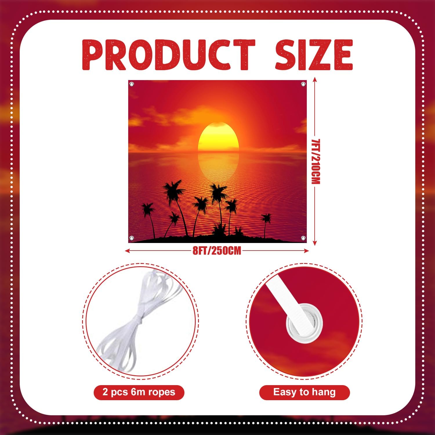 7x8ft Tropical Sea Garage Door Decor Sunset Ocean Silhouettes of Palm Trees Vibrant Red Orange Color Garage Door Cover for Party Vacation Inspired Background Decor Banner Cover