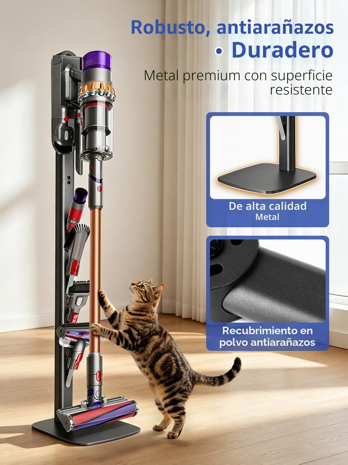 Soporte para aspiradora, compatible con Dyson Gen5, V15, V12, V11, V10, V8, V7, V6, soporte de suelo de metal con 4 ganchos, base estable, soporte sin taladros para almacenamiento de accesorios | Soporte de suelo de metal con 4 ganchos, sin taladrar, tamb