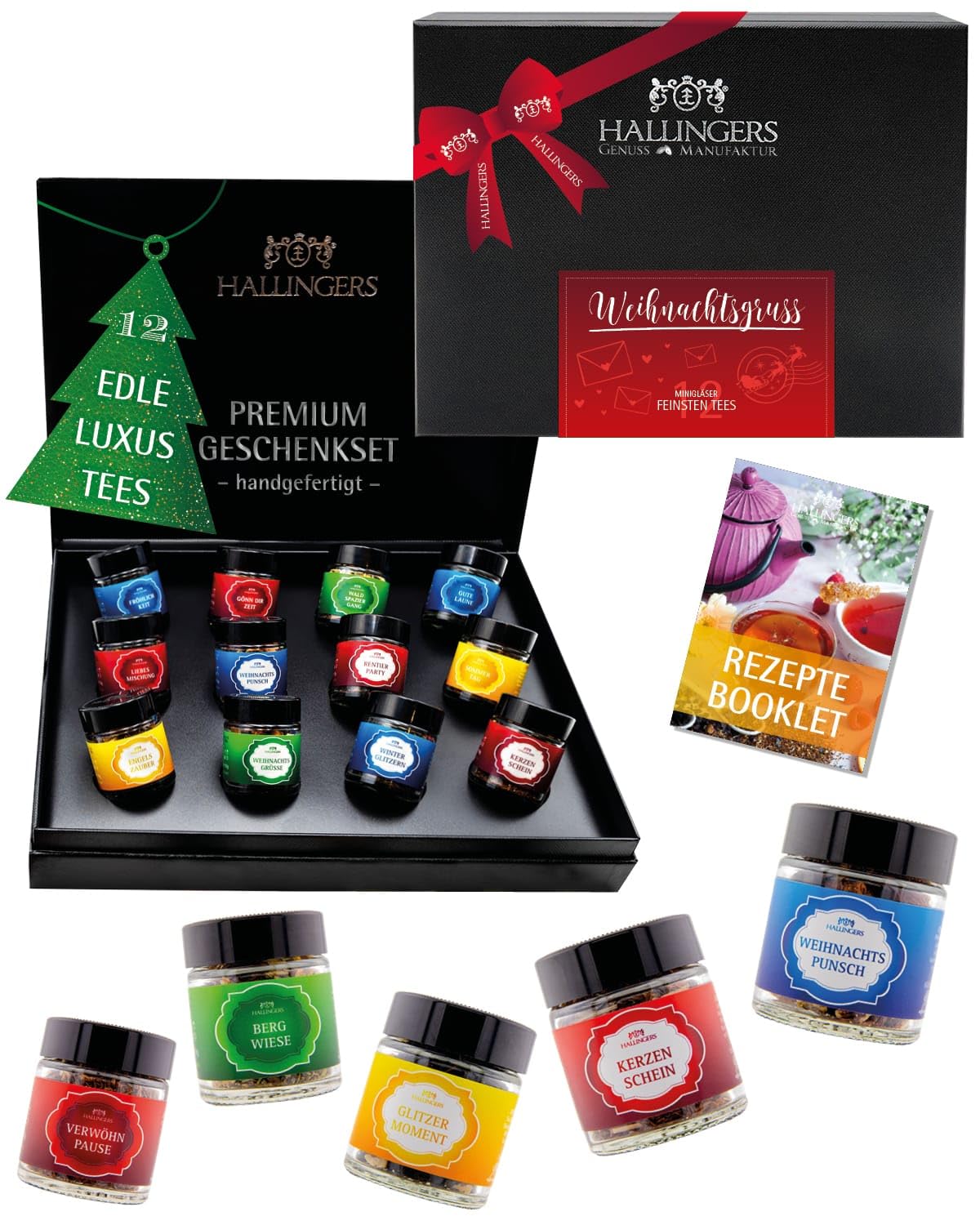 Hallingers Genuss Manufaktur Tee Weihnachts-Geschenk-Set - 12 Sorten premium loser Tee Probierset in edler Geschenkbox mit Rezept-Booklet ""Weihnachtsgruß"", Weihnachten für Frauen Männer