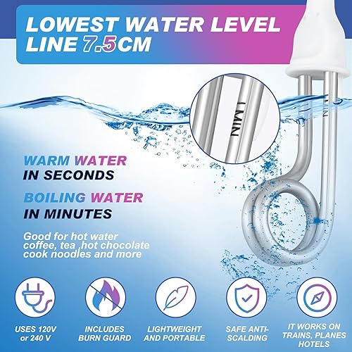 Miniatura 3 de Copkim Paquete de 4 pequeños calentadores de agua de inmersión portátiles de 300 W, 120240 V, accesorios eléctricos para camping, varilla de