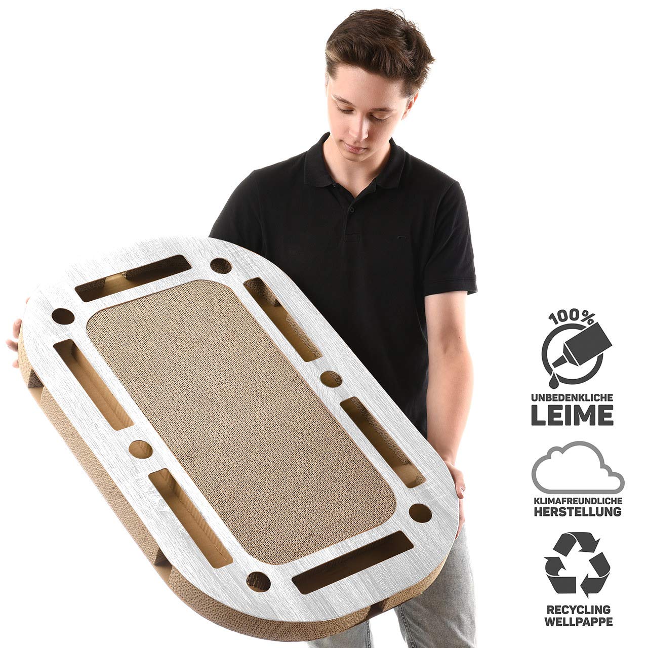 CanadianCat Company | XXL Katzenspielplatz 85 x 54 x 5,8 cm mit integrierter Kratzpappe Katzenspielzeug Kratzbrett in hellgrau gekalkter Holzoptik Kratzkarton