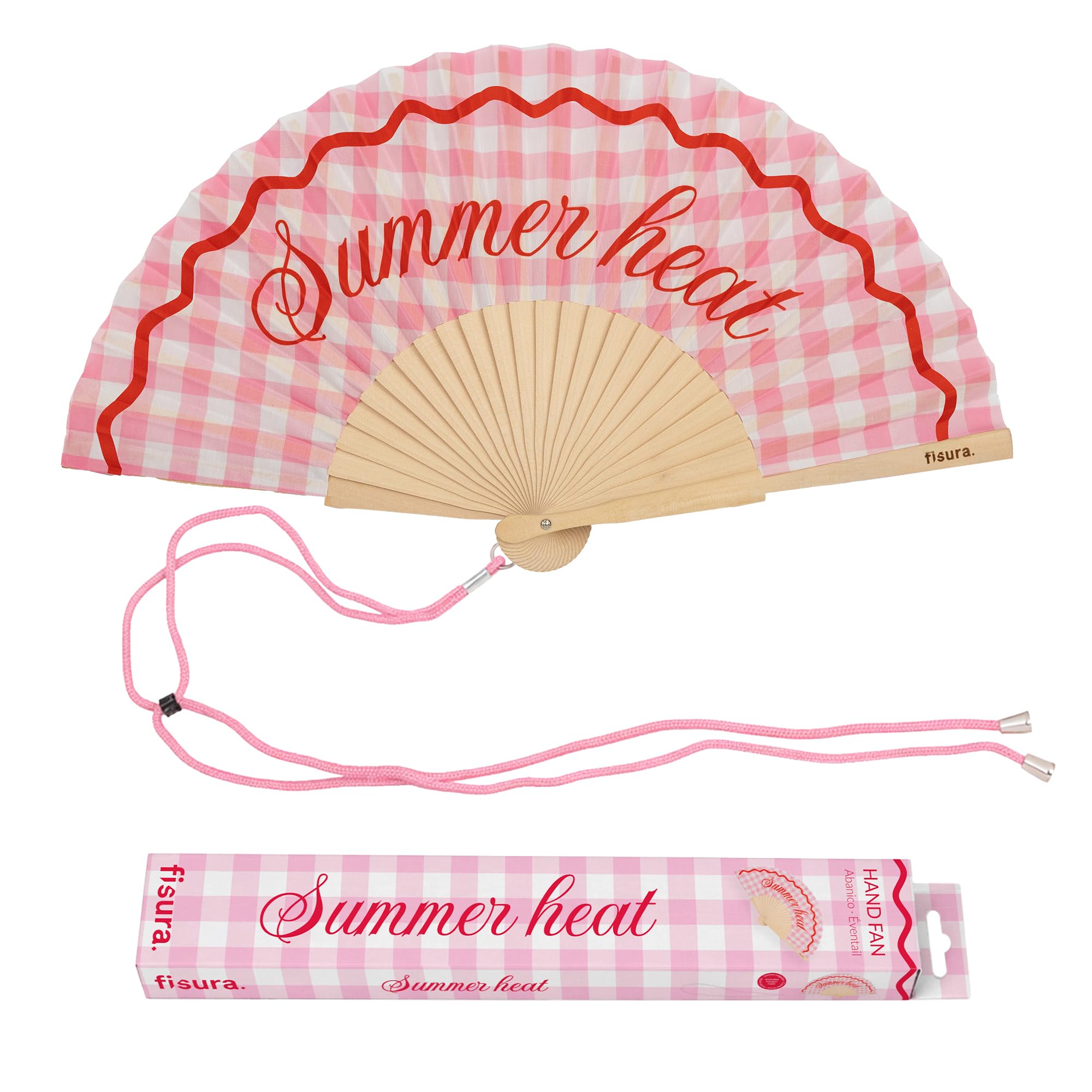 Fisura-Wachlarz drewniany z napisem “Summer heat”, wachlarz ręczny w różową kratkę z zawieszką, nowoczesny dodatek na lato 42,5 x 23 cm