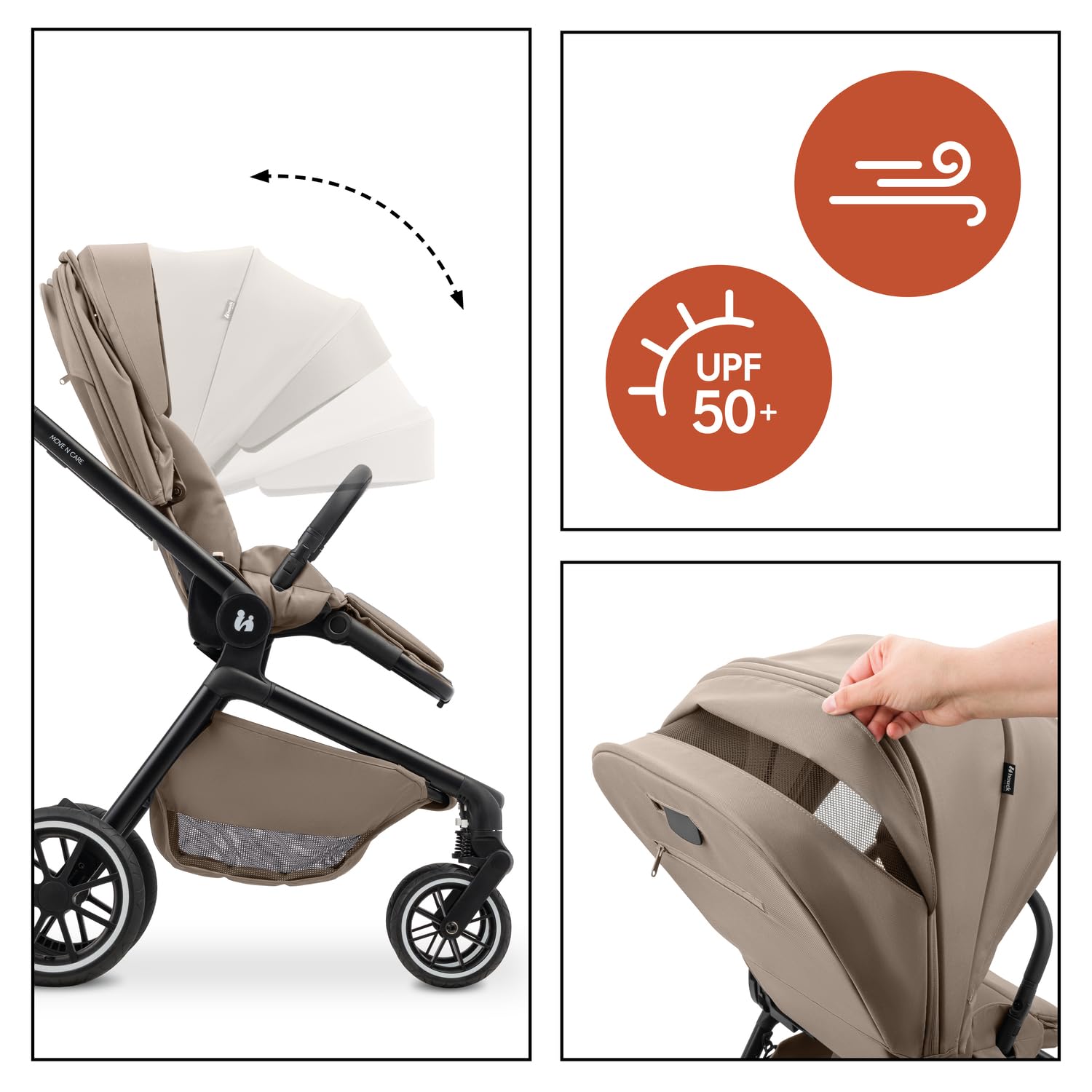 hauck Move N Care, Mocha - Passeggino Bidirezionale e Reclinabile dalla Nascita a 22 kg con Cappottina XL, Ruote di Gomma Ammortizzate - Manubrio Regolabile in Altezza, Adattatore Ovetto Incluso