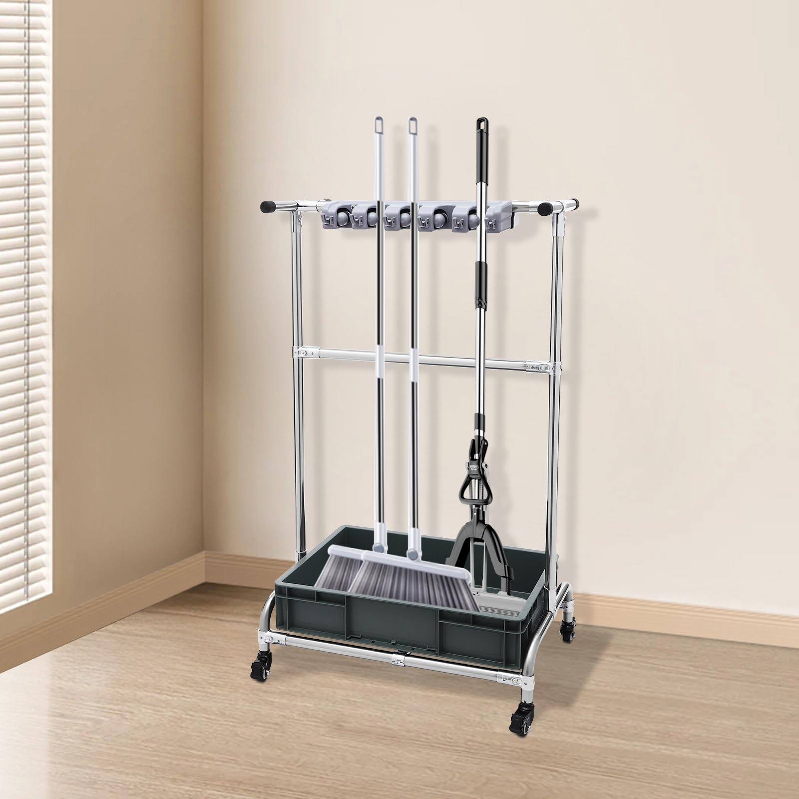 4 Rollen Premium-Mopphalter 12 Haken, 10 Schlitze & integrierter Wassertank Halter Gartengeräte Organizer Garden Tool Storage Rack Besenhalterung Wand Reinigungswagen Putzwagen Verstärkte Träger Ordn