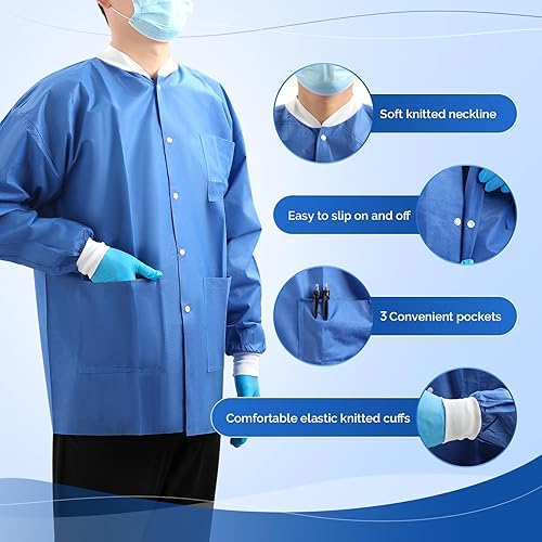 Miniatura 3 de JMU Paquete de 10 chaquetas desechables de laboratorio, chaquetas médicas desechables SMS para hombres y mujeres, cuello de puños de punto, 3