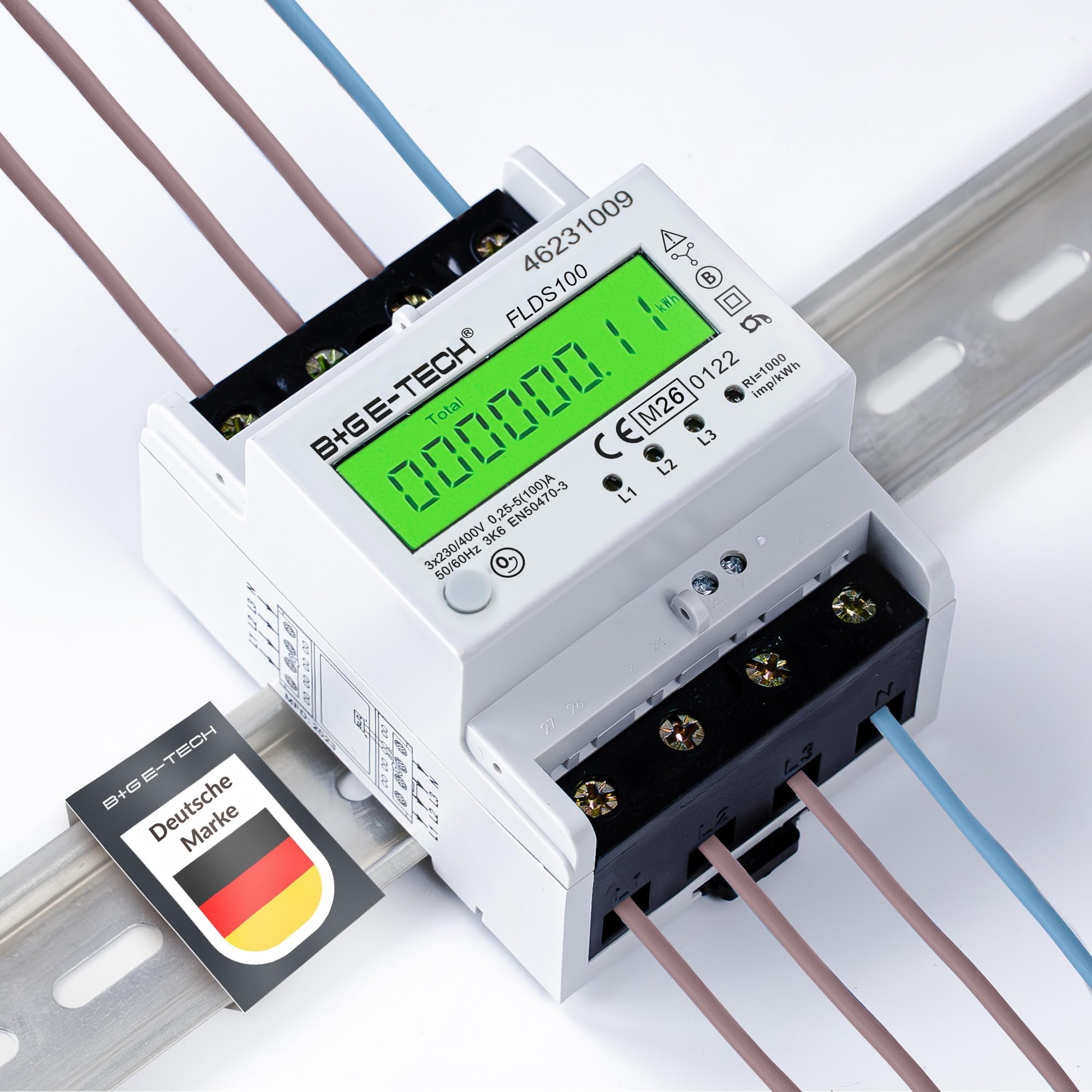 3 Phasen Drehstromzähler [FLDS100 - MID 26] - Stromzähler für TS35 Hutschiene, MID geeicht, digitaler LCD Drehstromzähler mit S0, 100A, 400V