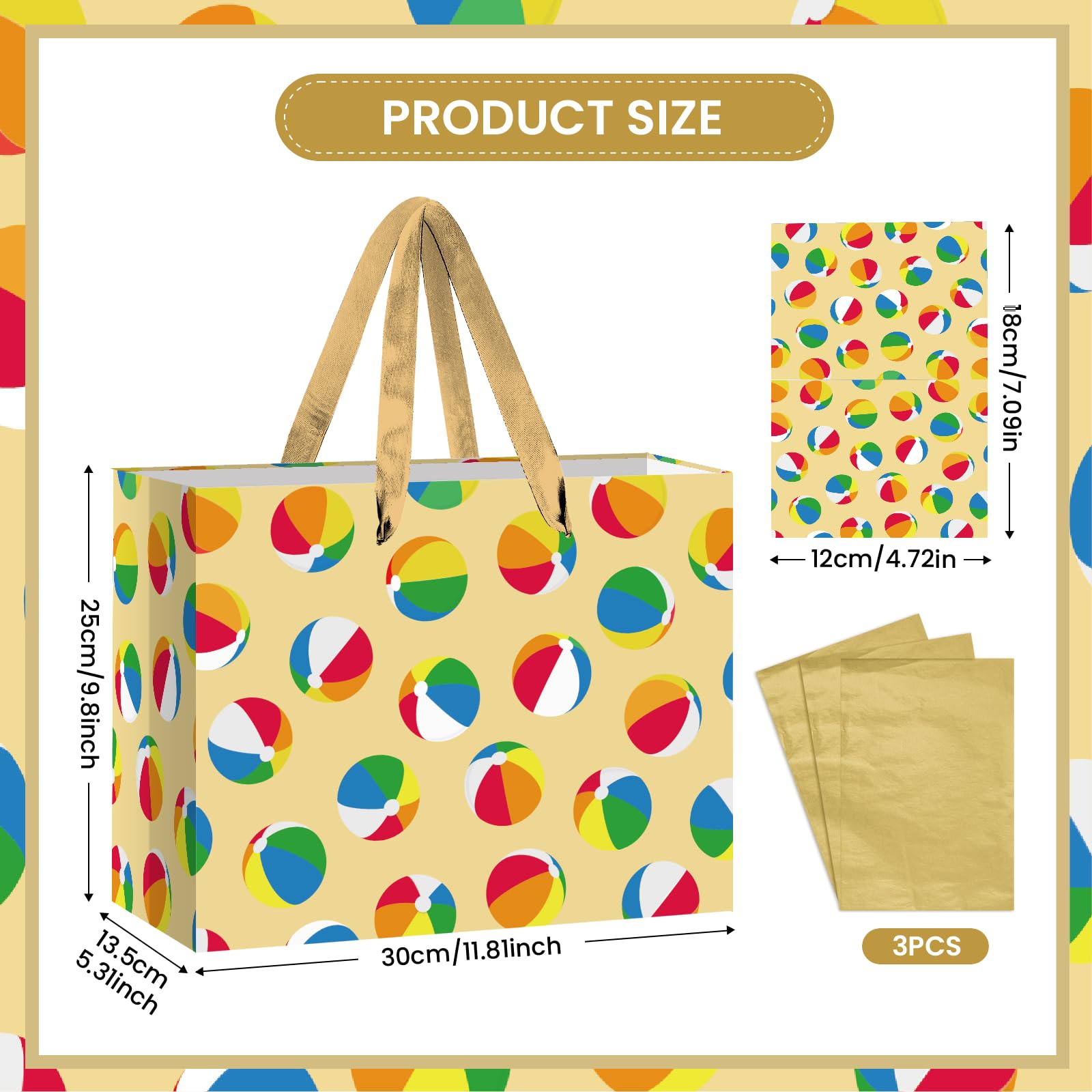 Woosytoo Beach Ball Gift Bag with Tissue Paper and Card - Colorful Summer Pool Party Gift Wrapping Bag - Hawaiian Luau Theme Birthday Present Sack for Kids Boys Girls Women Men