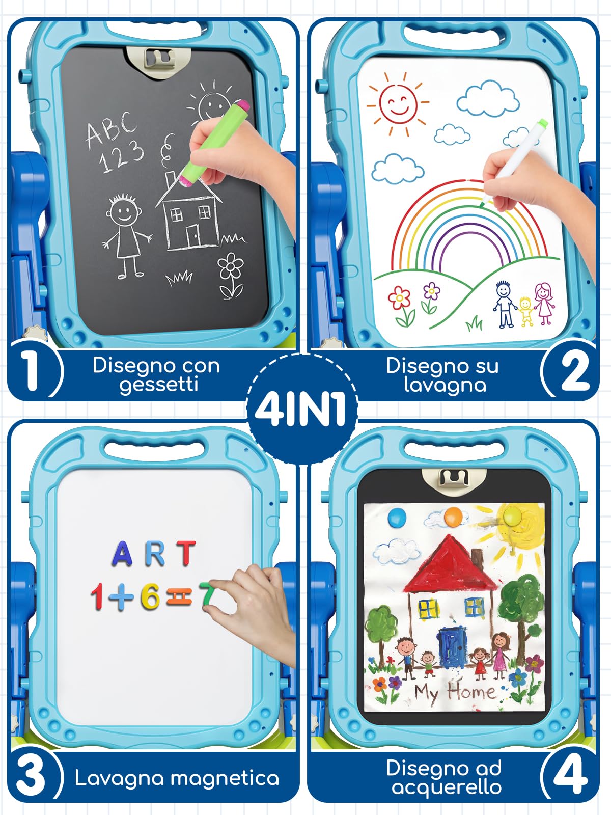 Lehoo Castle Lavagna per Bambini, 4 in 1 Lavagna Magnetica per Bambini, 360° Cavalletto Pitturai Regolabile Altezza, Giocattolo Educativo 3+ Anni(Blu)