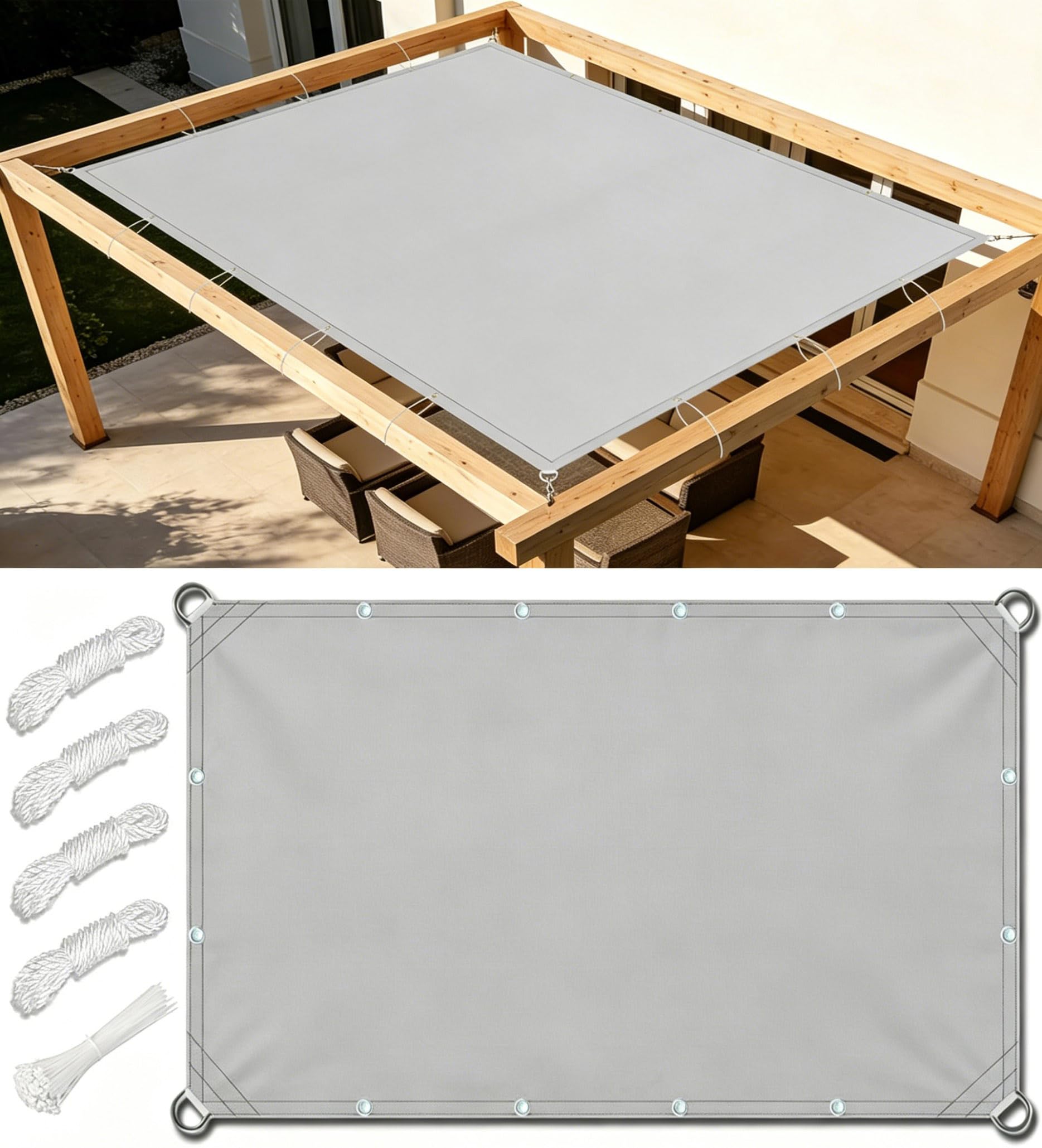 Sonnensegel Wasserdicht Rechteckig 4x4m Gerade Kante Segeltuch Schattensegel Sonnenschutz Terrasse UV-Schutz Wetterfest PES Sunsegel mit Ösen und Seil für Balkon Pergola und Garten Hellgrau