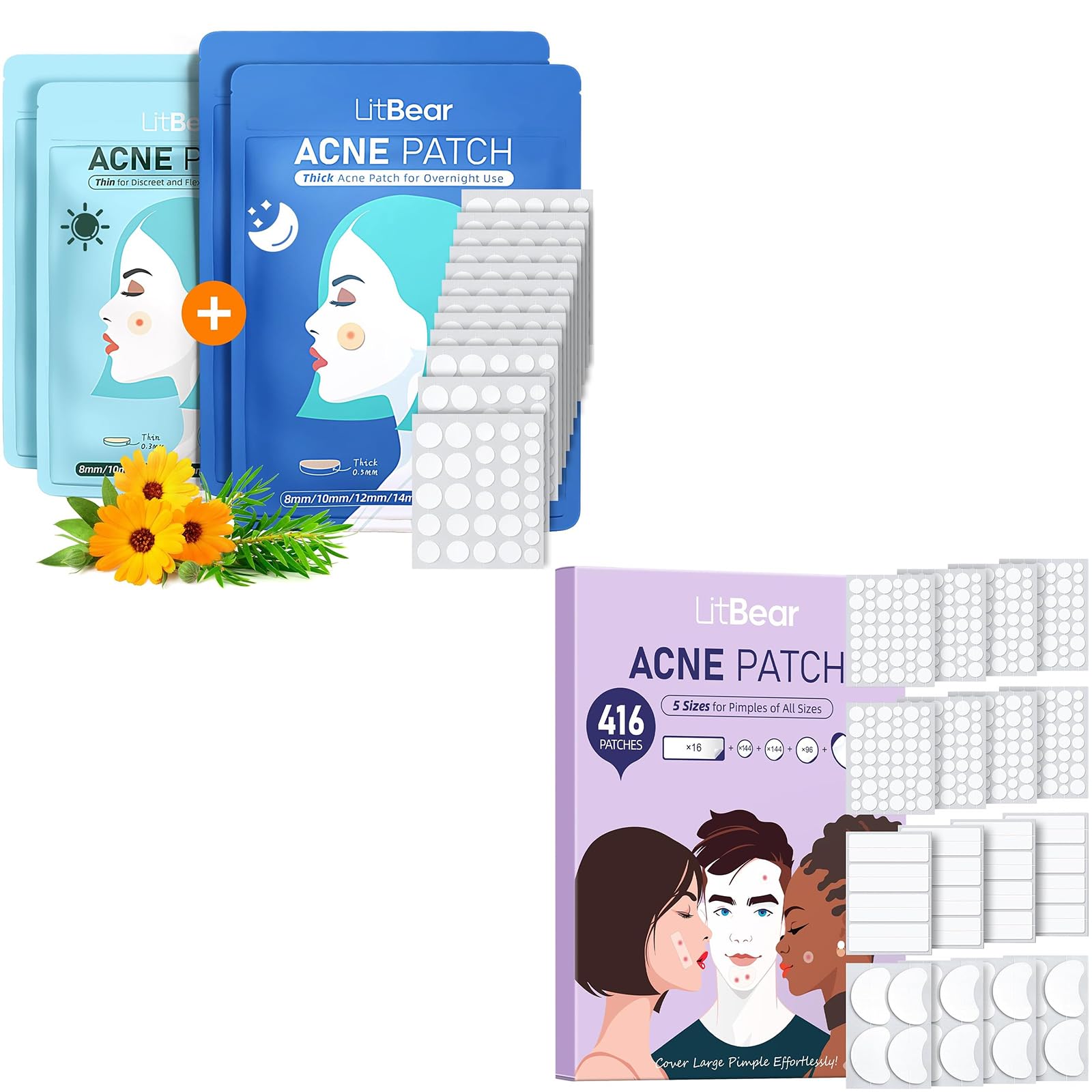 LitBear Acne Pimple Patches 6 Sizes 776 Patches Hydrocolloid Face Body Zit Stickers XL Contoured Strips for Large