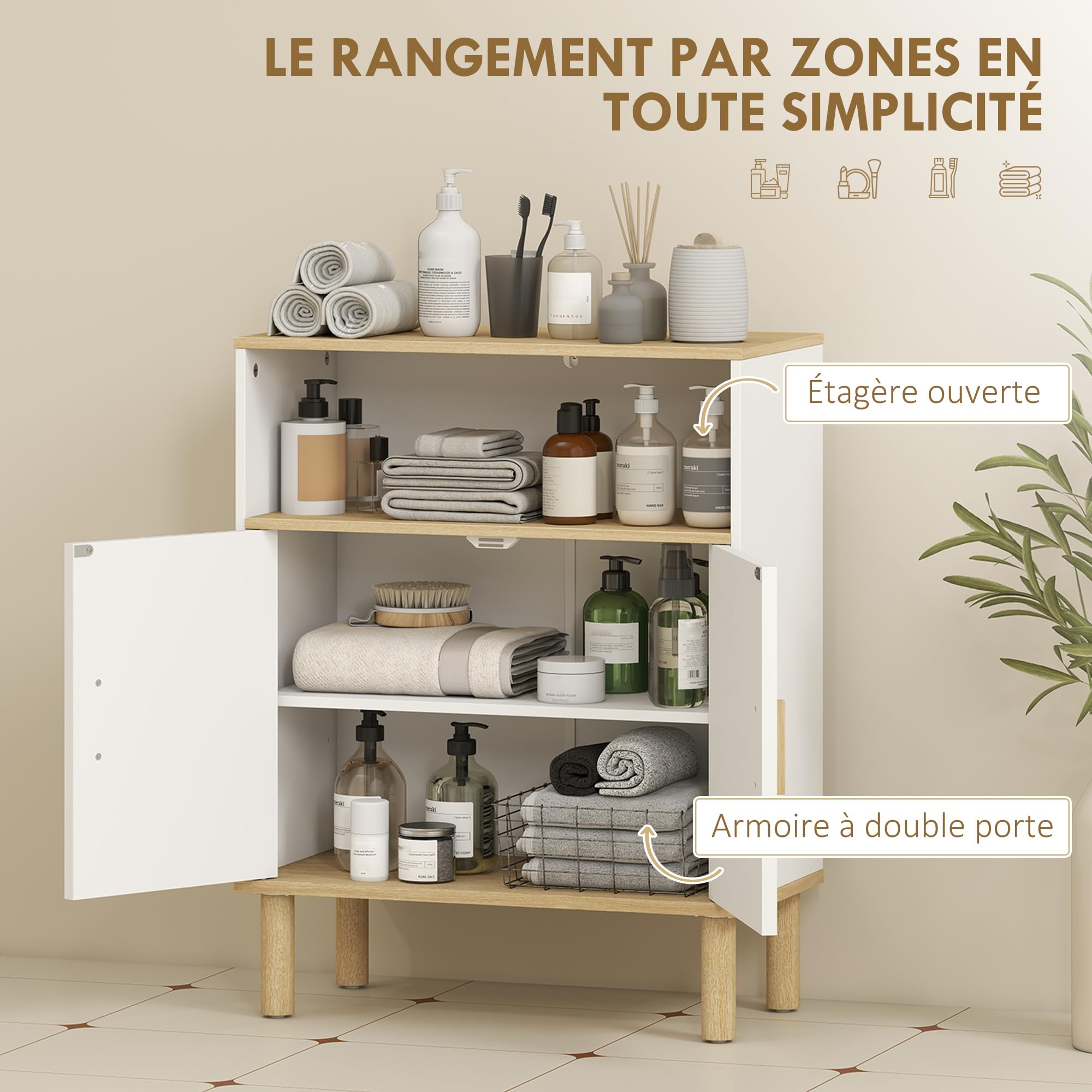 HOMCOM Meuble de Salle de Bain 60 x 29,5 x 76,5 cm Blanc et Bois Naturel