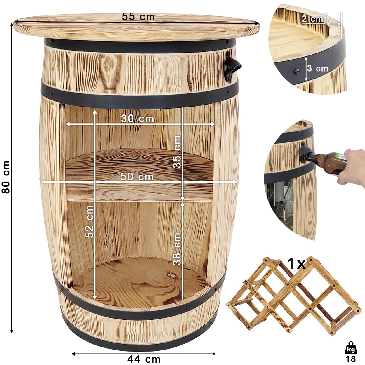weeco Barile di vino con top blat e portabottiglie – Armadietto per vino – Tavolo da bar in legno – Barile di legno – Portabottiglie per vino – Tavolo da 80 x 50 cm