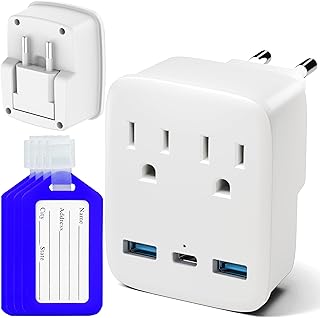 European Travel Plug Adapter - Foldable European Plug Adapter - Travel Adapter Europe - Type C/USB 5 in 1 International Travel Adapters (Include Luggage Tags) (1)
