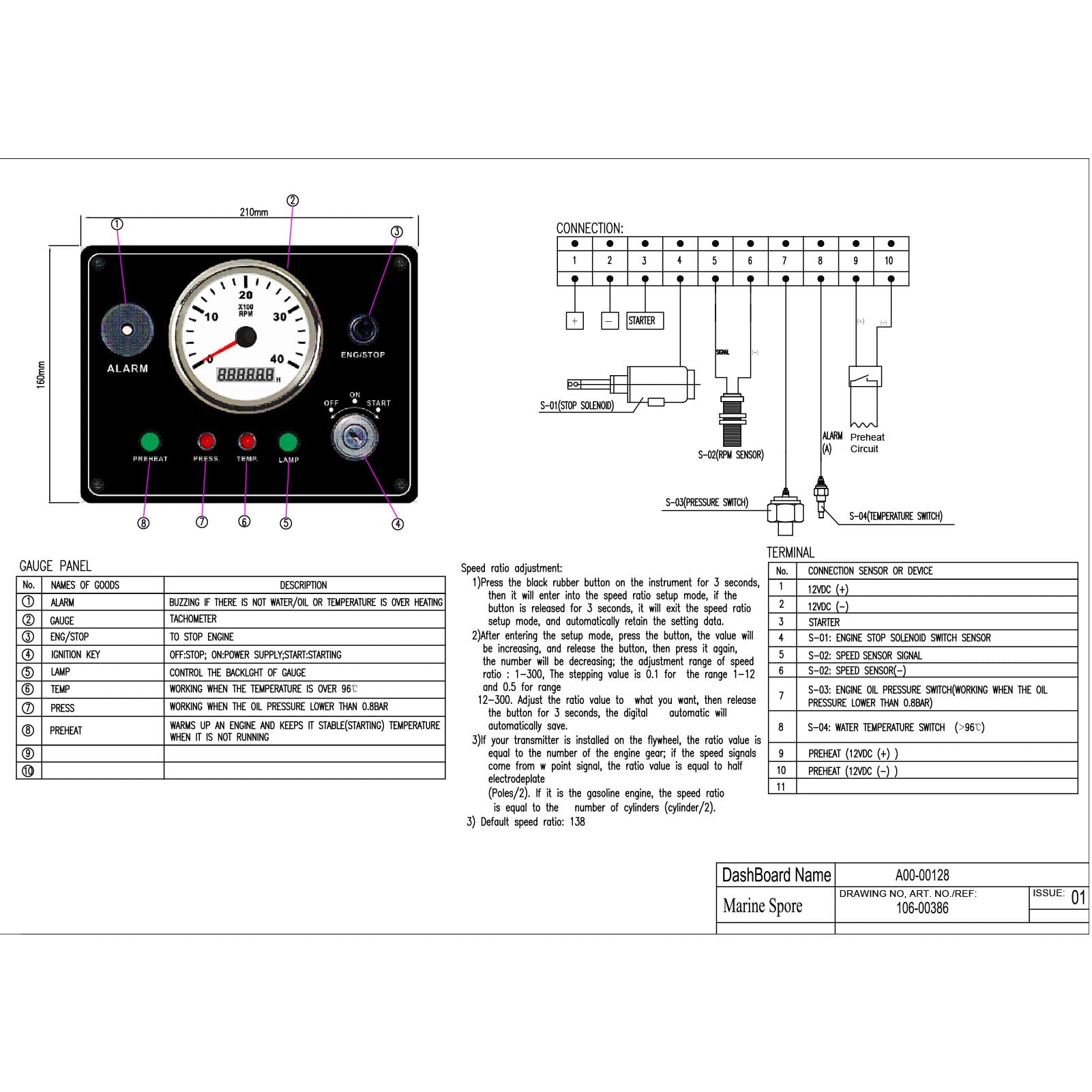 Quadro Strumenti per Barca Impermeabile IP67 con Contagiri - Multifunzione - 4000 Giri/min - Arresto Motori Accensione ON OFF - Allarme Temperatura acqua. (12V)
