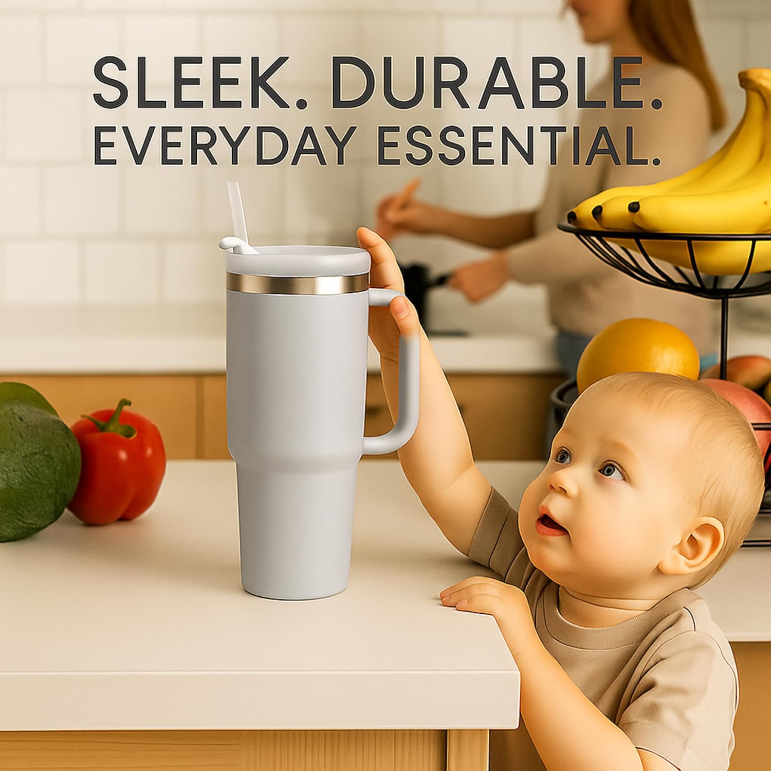 PRIMEWAVE 40oz Stainless Steel Tumbler with Straw – Leakproof Travel Mug with Handle | Double Wall Insulated, BPA-Free | Reusable Drinking Cup for Hot & Cold Drinks (GREY) - Image 9