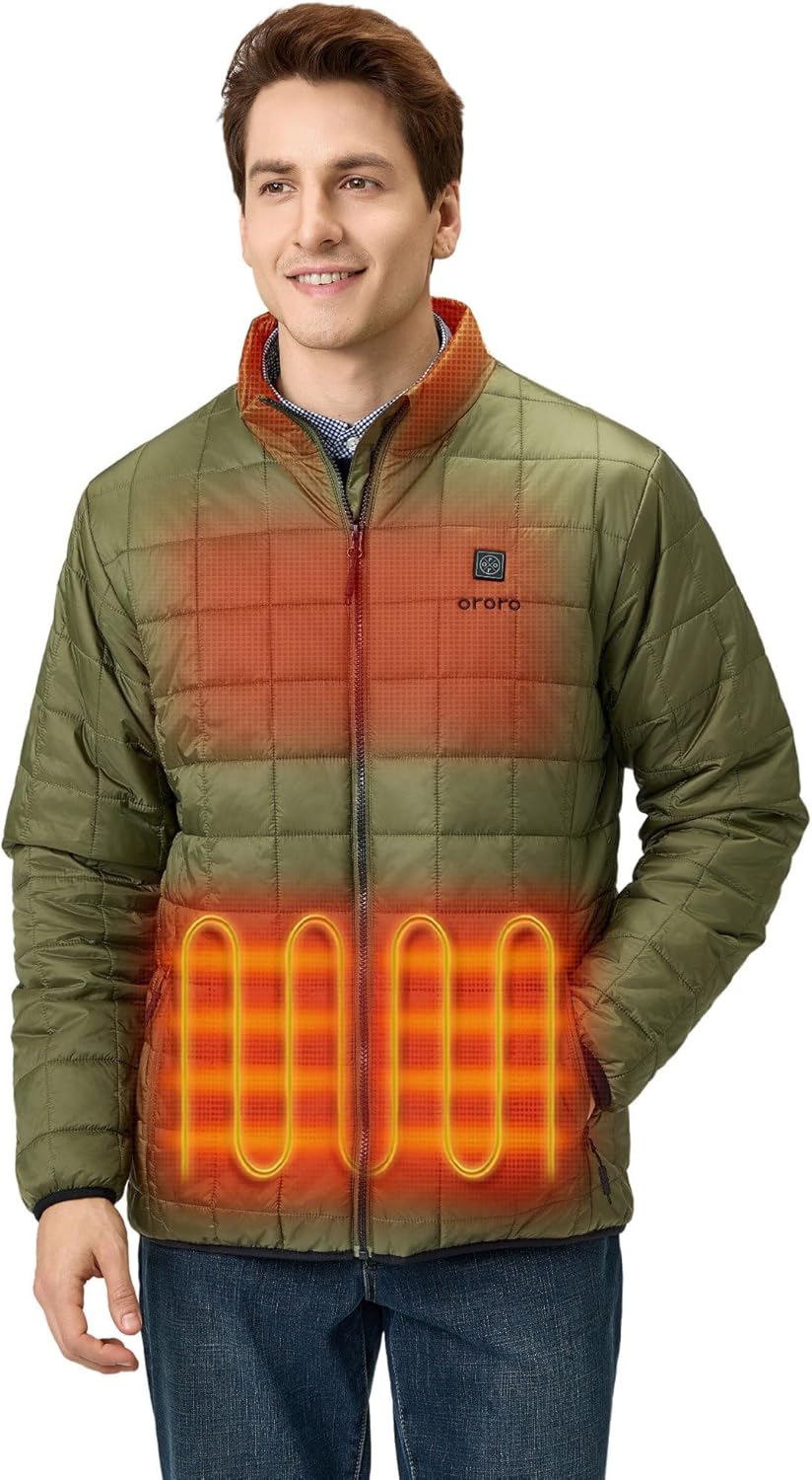 ORORO Men's Lightweight Quilted Heated Jacket with Heated Collar, Heated Quilted Coat with Battery