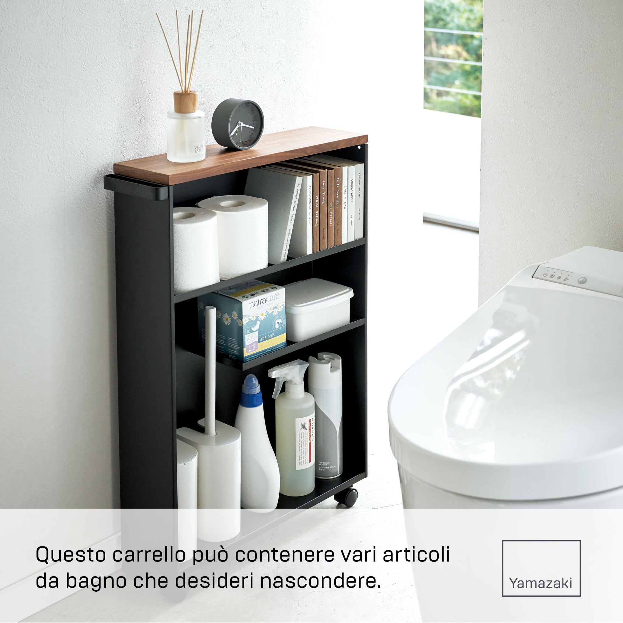 YAMAZAKI 4307 TOWER SemiClosed Storage Cart, black, Steel/Wood, 13 x 47.5 x 68 cm