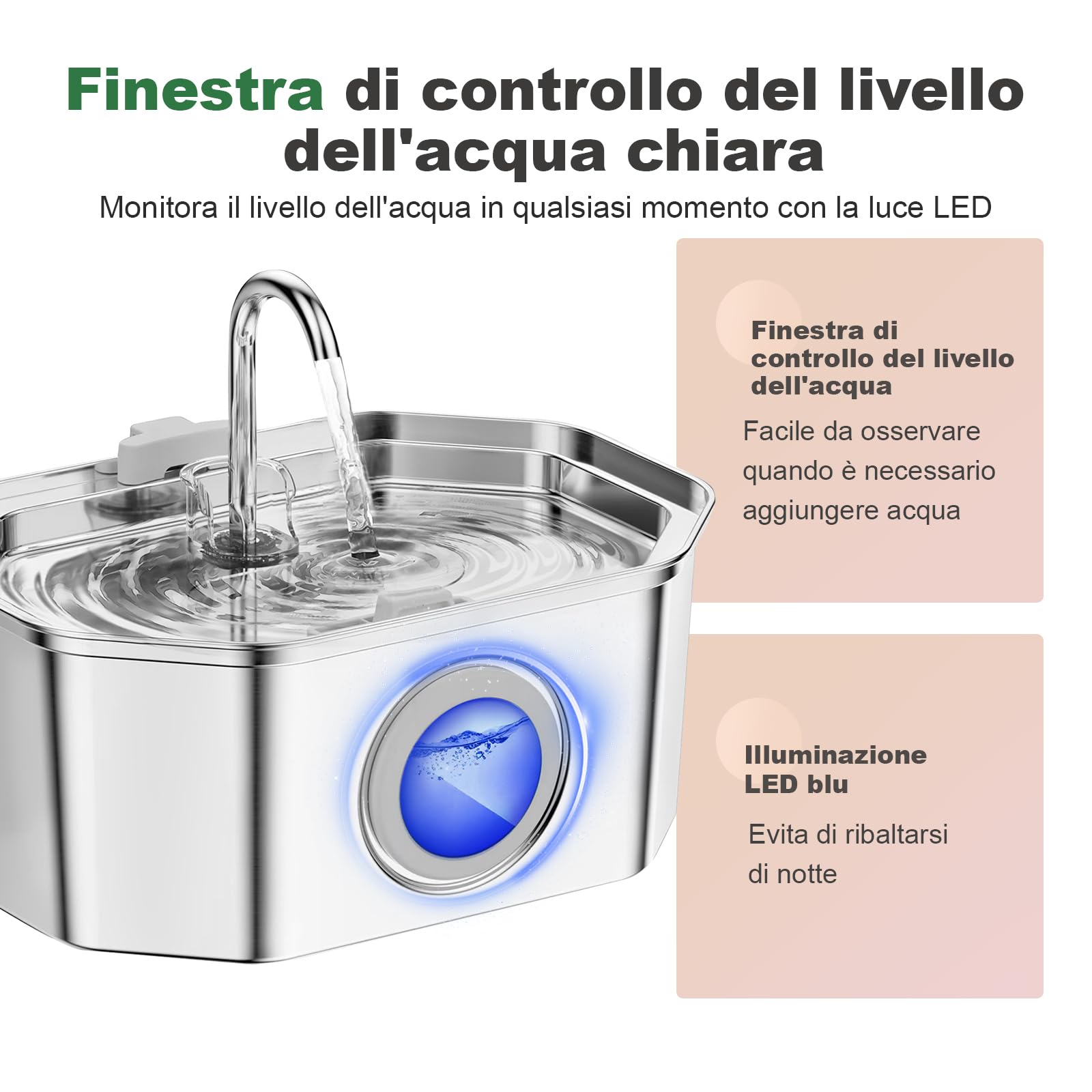 Fontanella per gatti,Apauk 3.2L fontanella per gatti acciaio Inox, Ultra silenziosa,con finestra LED, sistema di filtraggio multistrato (con 6 filtri & 6 spugne S)