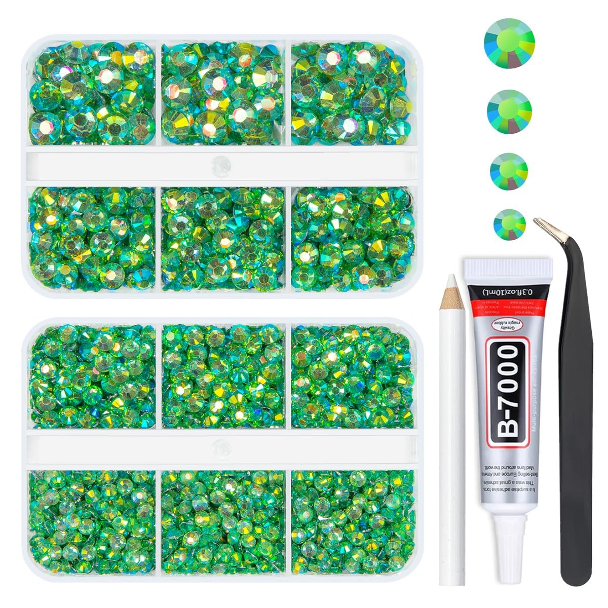 qiipii Light Green AB Resin Rhinestones w B7000 Jewelry Glue for Bedazzling Crafting 3mm-6mm Flatback Gems Stones SS10 SS16 SS20 SS30 Diamonds