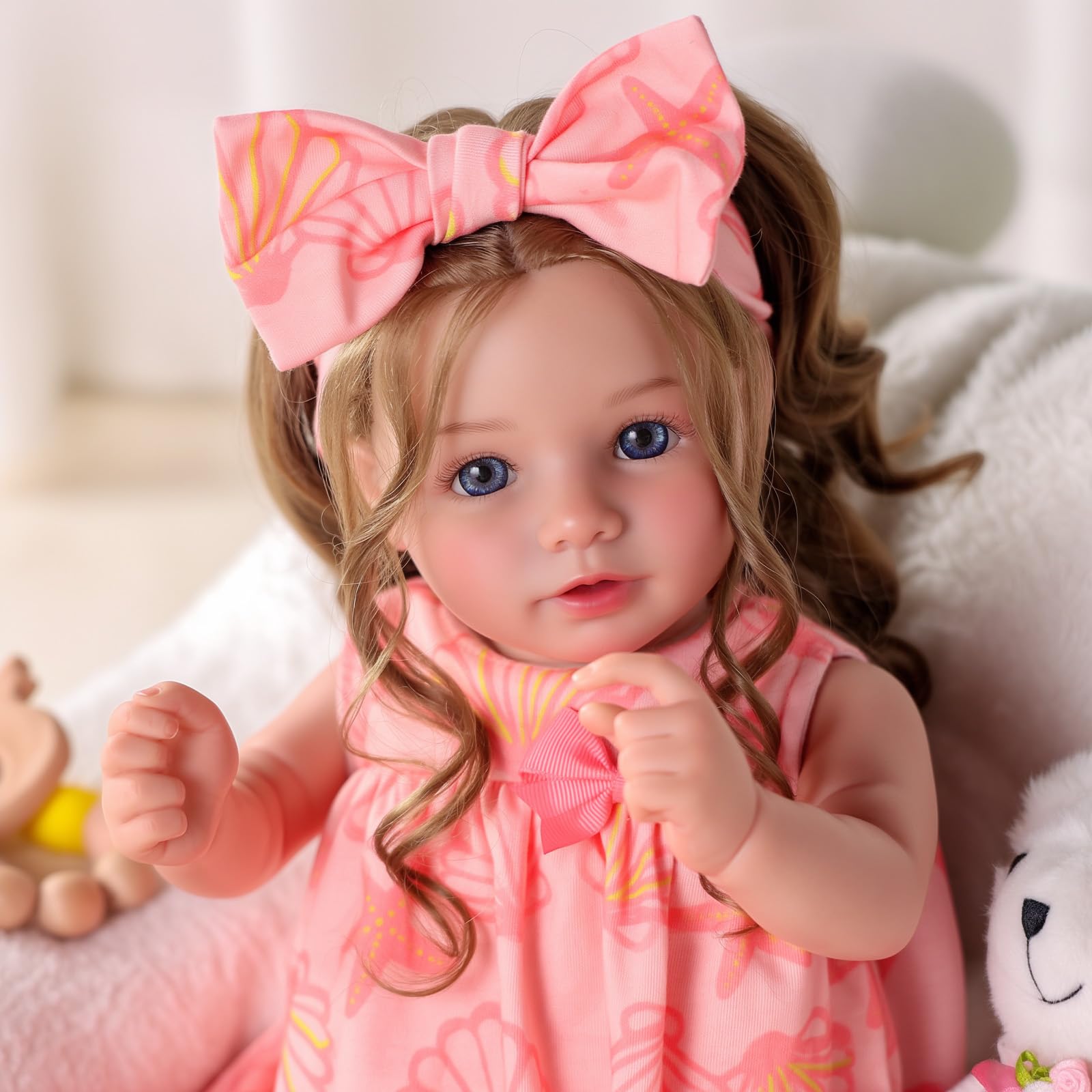 BABESIDE Lifelike Reborn Baby Dolls, 20 Inch Realistic Reborn Girl Doll with Long Curly Brown Hair - Image 2