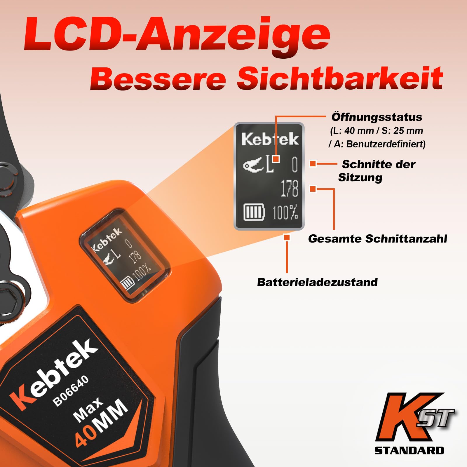Kebtek Elektrische Gartenschere mit Akku progressive Schnittfunktion 40mm | KST 21V Astschere Akku 1,6Zoll Robust für Obstplantagen und Gartenbau kompatibel mit Makita 18V-Akkus