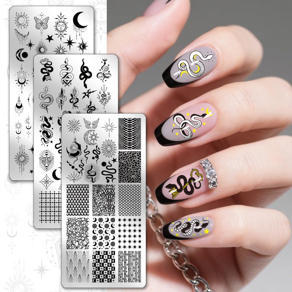 PH PandaHall 3pcs Sun Moon Star Nail Stamping Plates Snakes Nail Image Plates Night Sky Manicure Art Templates Geometric Texture Nails Art Stencils for Women Manicures Salon DIY Design Printing - Image 3