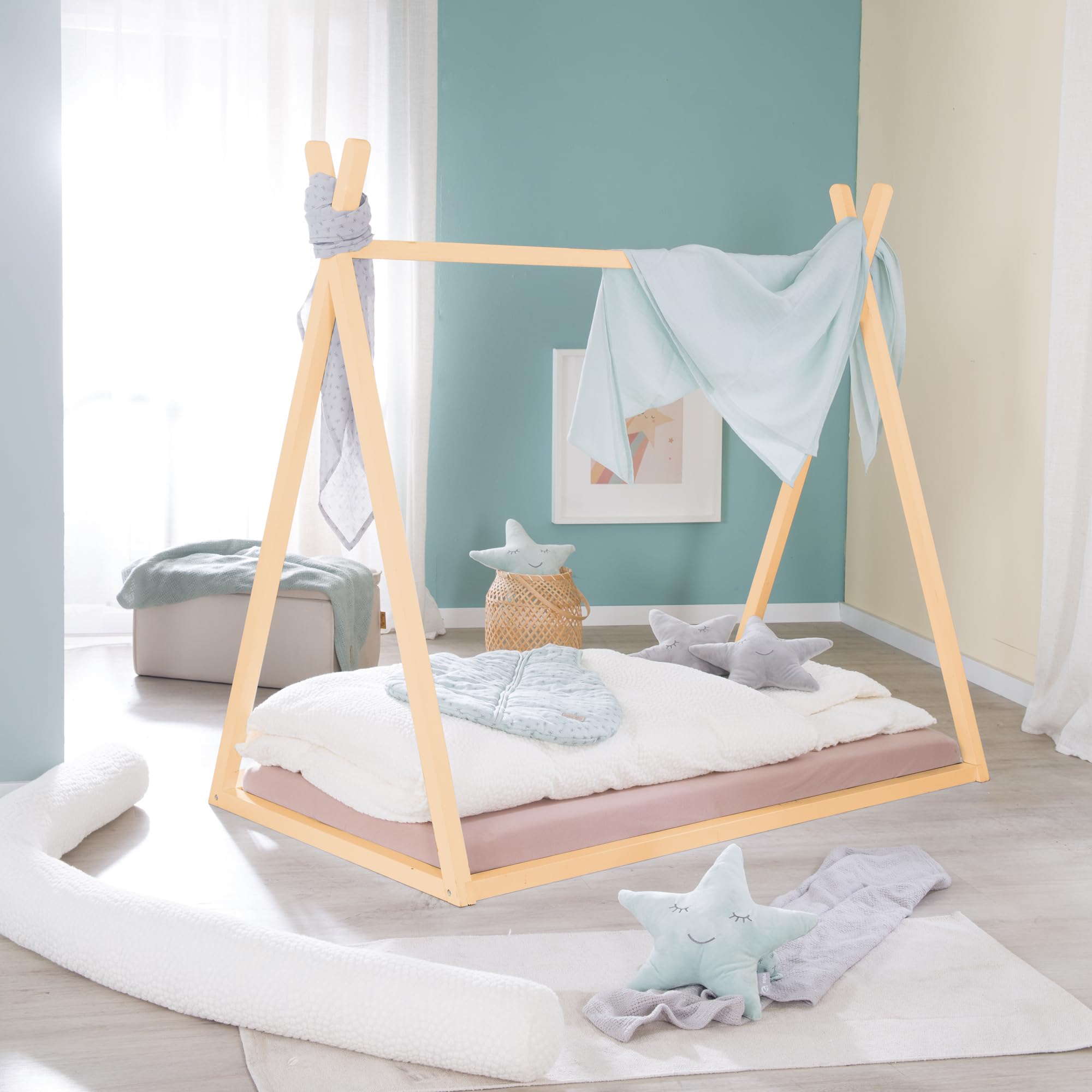 roba Cuna Tipi 70 x 140 cm en Forma de Tienda - Cama Infantil Según Principio Montessori - Fabricada en Madera de Bambú Certificada por FSC - Lugar para Jugar, Leer y Abrazar - Natural