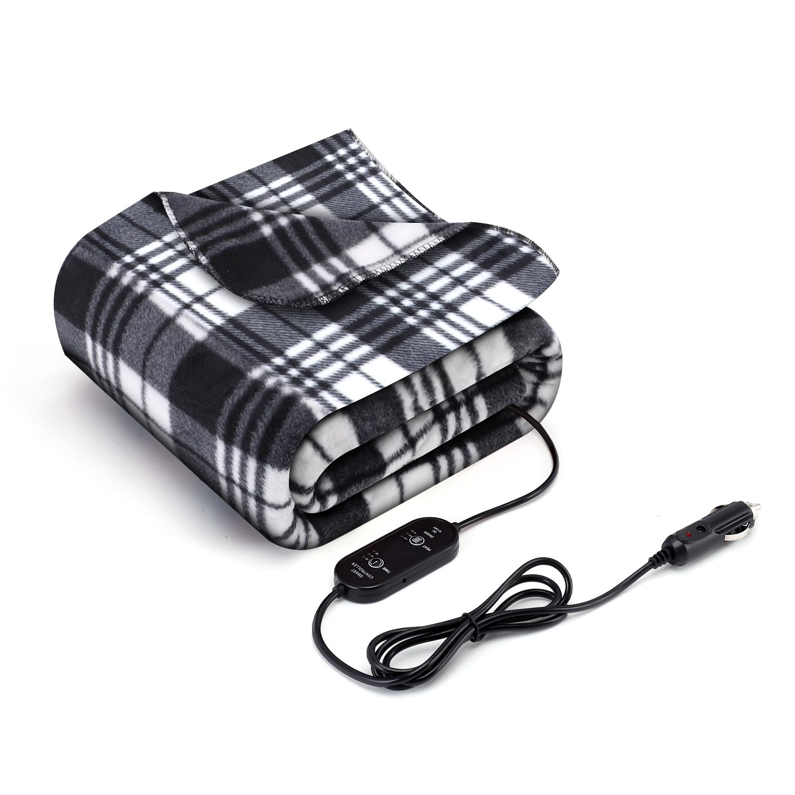 Couverture chauffante électrique pour voiture 12 V/24 V couverture de voyage avec 3 niveaux de chauffage et minuterie, couverture chauffante en polaire lavable avec câble de 2 m de long, pour