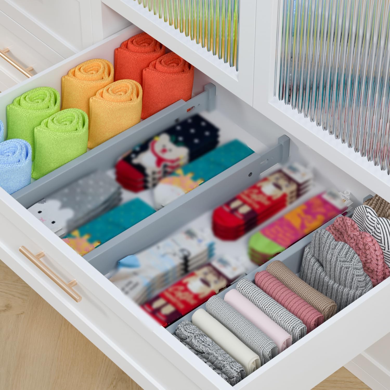 Confezione da 4 divisori regolabili in bambù per cassetti, 43-56 cm, organizer espandibile per utensili da cucina, cassettiera, bagno e camera da letto, rivestimento grigio