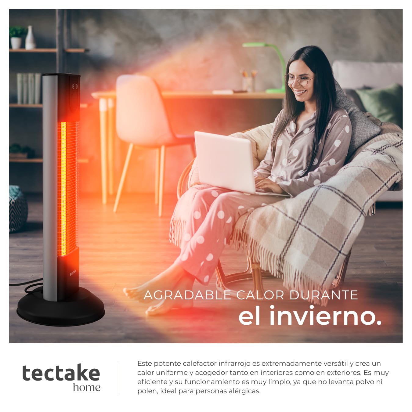 tectake® Calefactor Electrico por Infrarrojos con Pantalla LED, Temporizador, 3 Niveles de Potencia, Control Remoto, Aluminio Inoxidable, Calefactor Bajo Consumo, Terraza Exterior - Negro