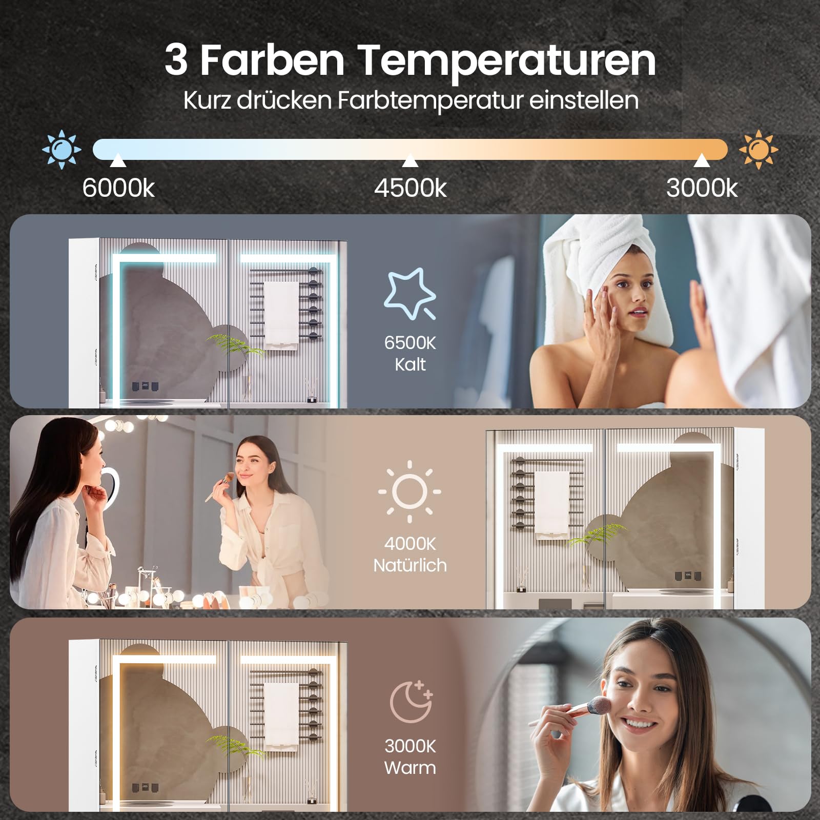 Spiegelschrank Bad mit Beleuchtung und Steckdose, 80x60x15cm, Badezimmer Spiegelschrank mit 3 LED-Lichtfarben dimmbar, Doppeltür, Verstellbares Regal, Antibeschlag, Wandmontage, Weiß