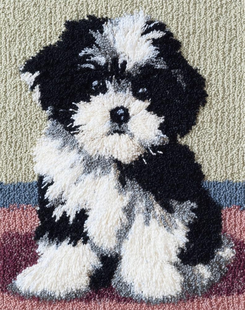 FWRTYCB Latch Hook Rug Kits,Black White Dog Shih Tzu Puppy
