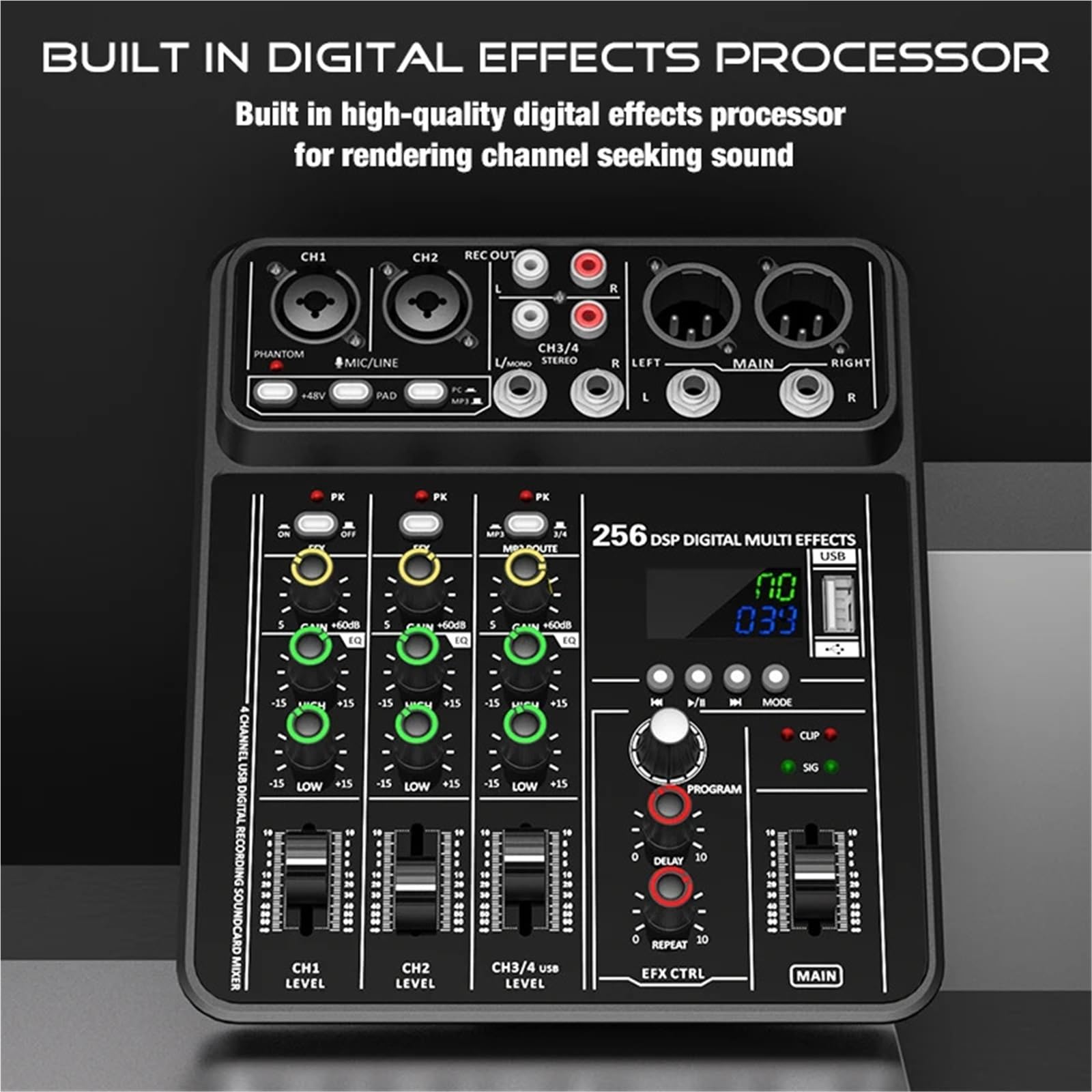 Controller DJ, Mixer DSP a 4 canali 256 canali, alimentazione Phantom a 48 V, mixer da studio USB, console DJ Bluetooth, mixaggio