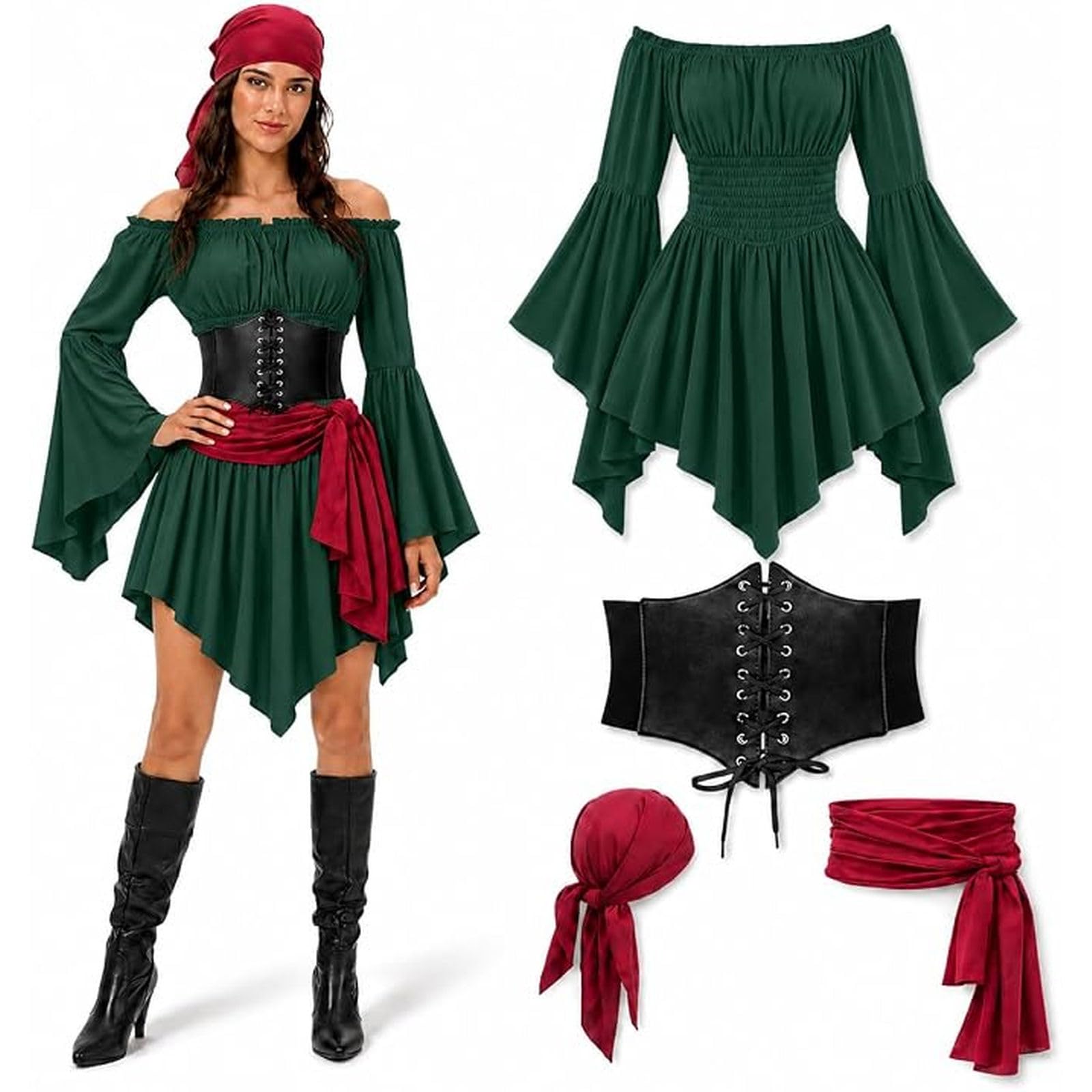 Pirate Costume Women Fancy Dress For Adults Halloween Costumes 4 PCS Womens Pirate Costume Adult Ladies Caribbean-Costumes For Cosplay Party Plus Size Medieval Dress Outfits Clothing