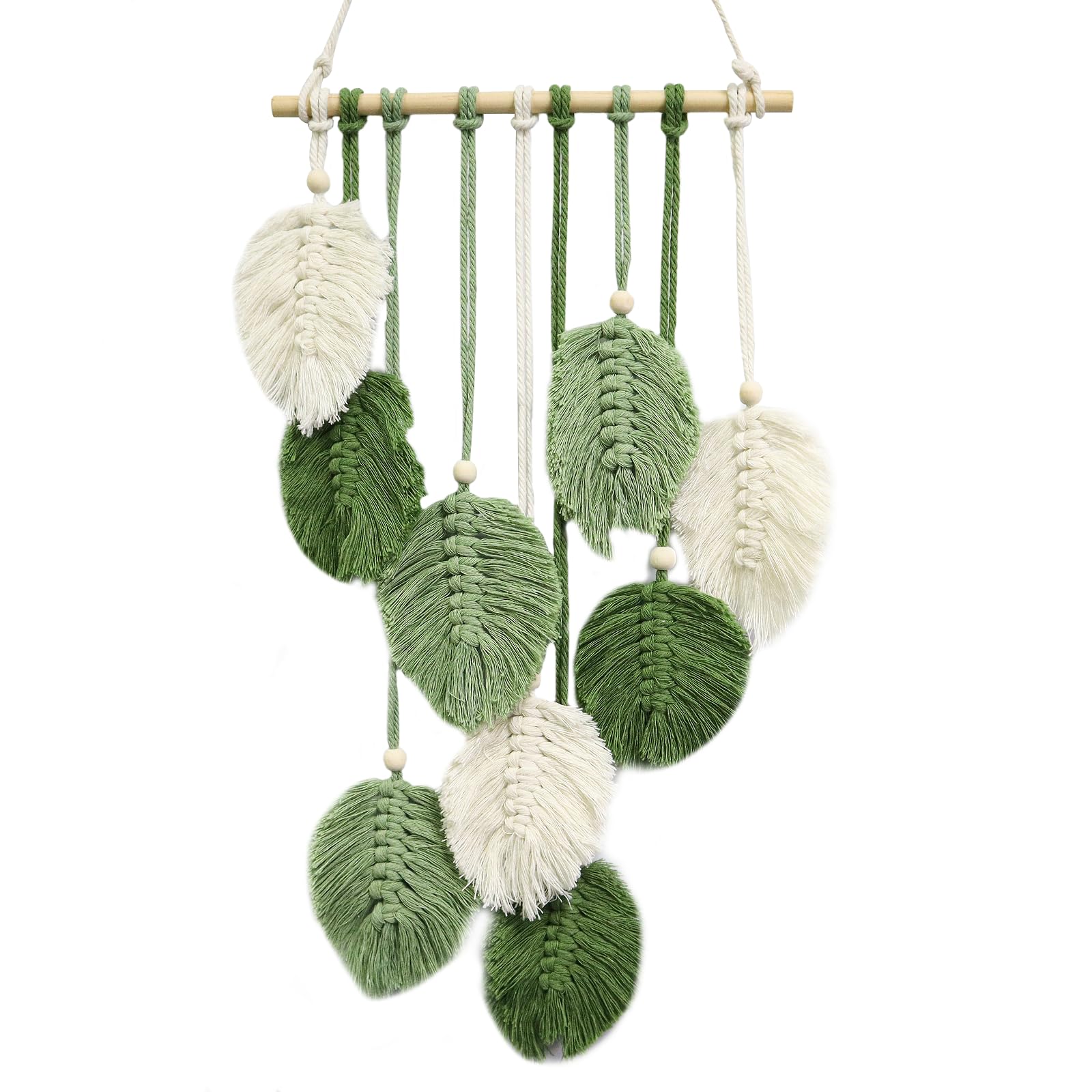 MIPIACE Arazzo da parete in macramè, decorazione da parete bohémien, fatto a mano, con perle di legno, verde, foglie, decorazione fatta a mano, per soggiorno, camera da letto