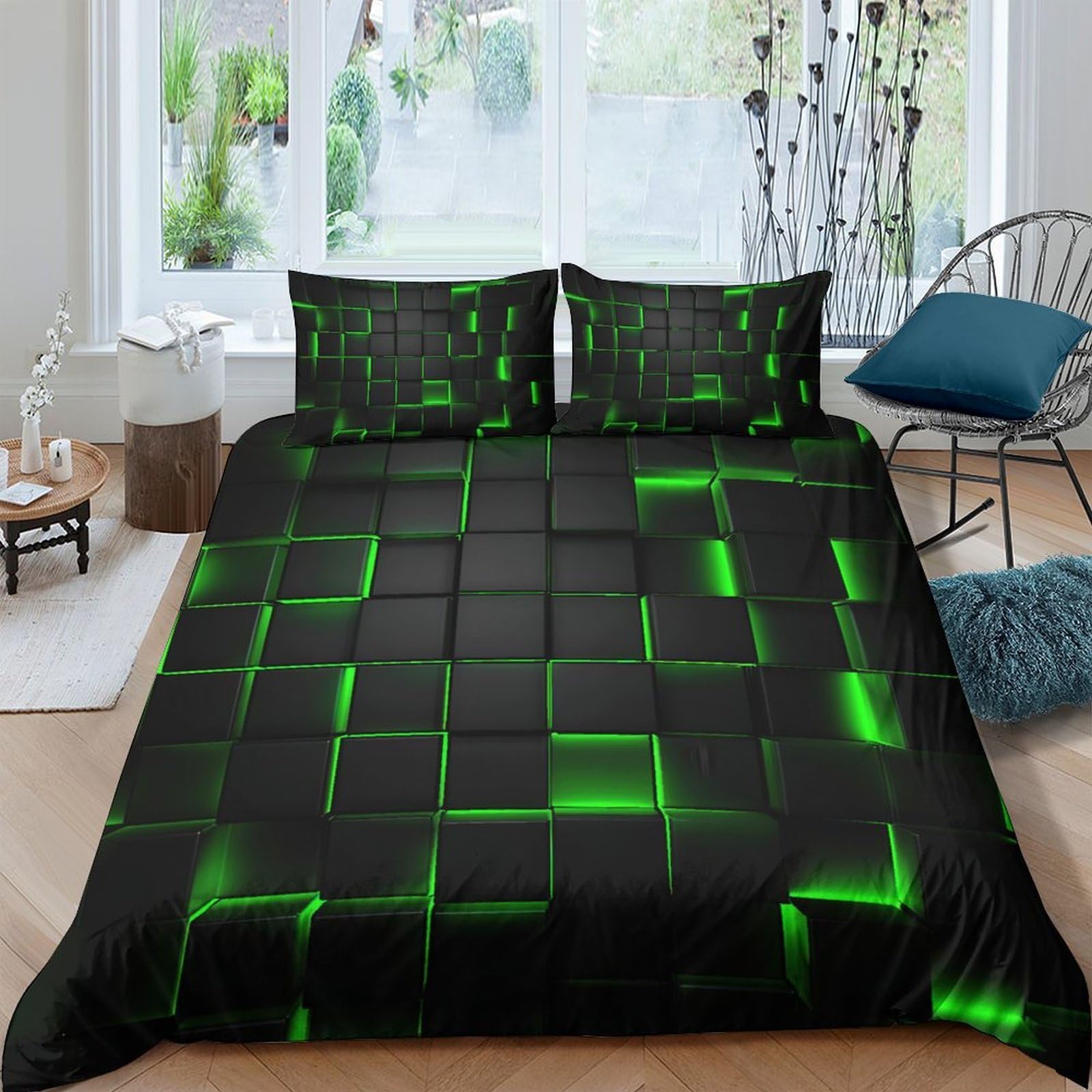 Ctjqhvkz Style-1 3D Printed Neon Grid Fitted Sheet Microfiber Soft Black Green Geometric Bed Cover Bedroom Dorm Mattress Protection Single（135X200cm）