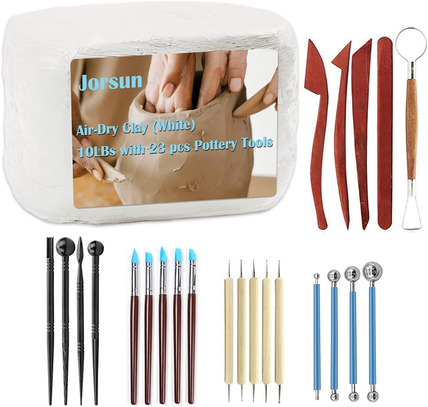 JOAWSOMEJOAWSOME Natural Air-Dry Clay Kaolin, Non-Toxic All-Purpose Compound 10LBs with 23 Pcs Pottery Tools Clay Sculpting Tool Set, All-Purpose Modeling Clay(White & Tools)