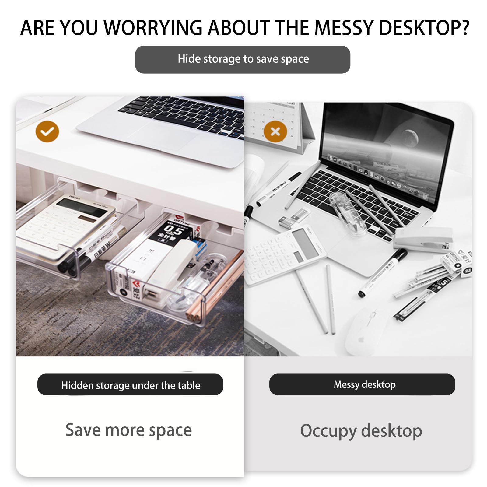 Kigley 4 Pcs Under Desk Storage Organizer with Phone Stand Adhesive Under Desk Drawer Slide out Attachment Clear Plastic Stick Under Desk Tray Slide out for Office Classroom Home Table Accessories