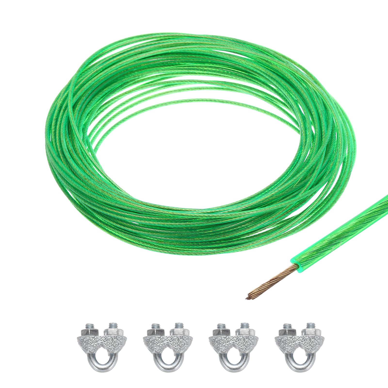 MECCANIXITY 2mm (1/16 inch) Green Vinyl Coated Wire Rope, 15m /49ft Galvanized Steel Cable Wire Rope with 4PCS M3 Loop Sleeves for String Light Hanging, Deck Railing, Garden Wire