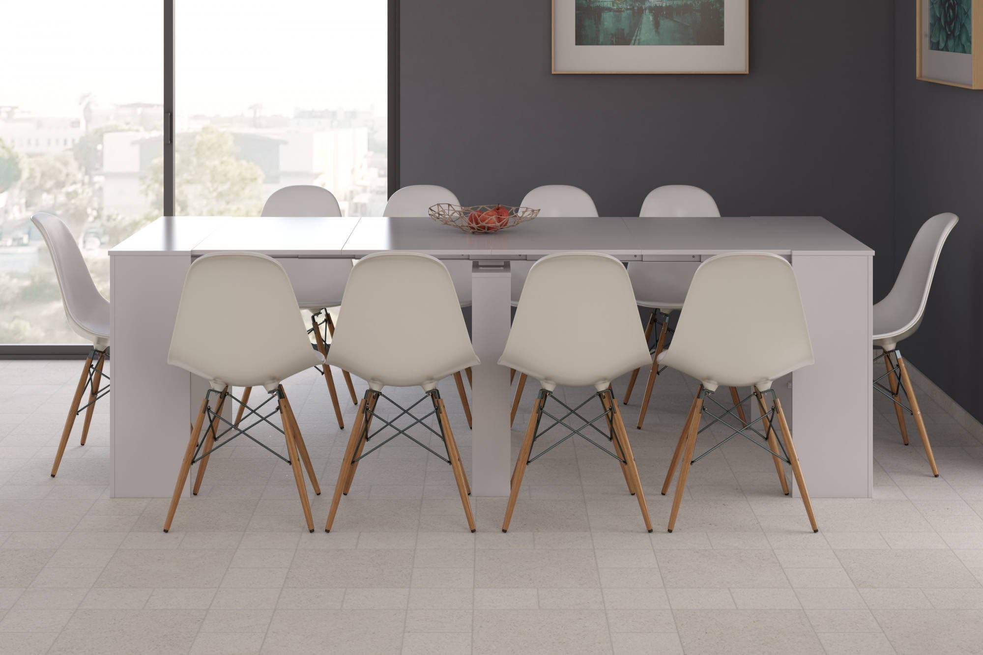 Dmora - Consolle Compton, Tavolo da pranzo allungabile, Tavolo con allunghe multiuso estensibile fino a 10 posti, 51/237x90h78 cm, Bianco Lucido