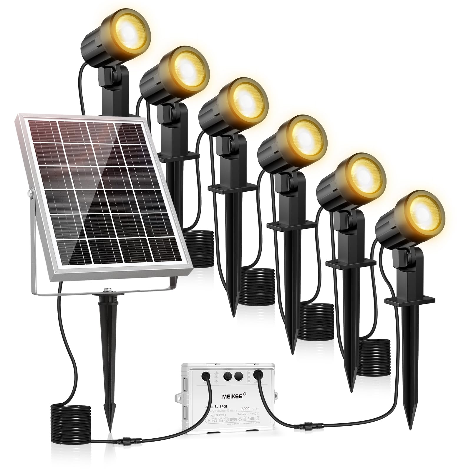 MEIKEE Faretti Solari Esterno, 6 in 1 Faretto Solare LED da Esterno Impermeabili IP66, 6W 6000mAh Luci Solari Blanco Cálido 3000K 3 Luminosità 3 Modalità per Patio Prato Giardino