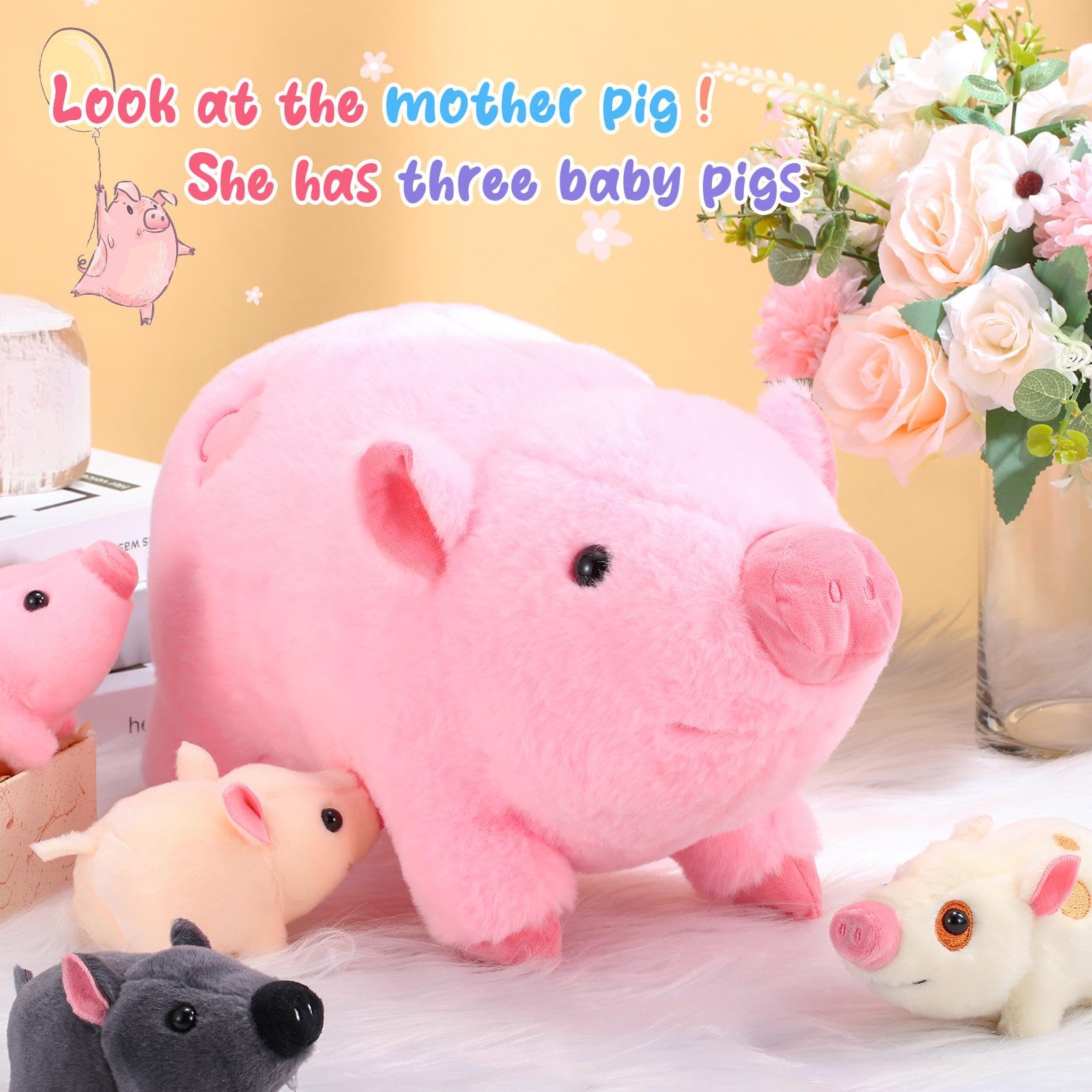 Honoson Stuffed Pig Animal with Babies, Cuddly Nursing Mommy Pig Plushy with 4 Stuffed Magnetic Toys for Kids Boys Girls Funny Kawaii Christmas Birthday Gifts Family Toys(Lovely)