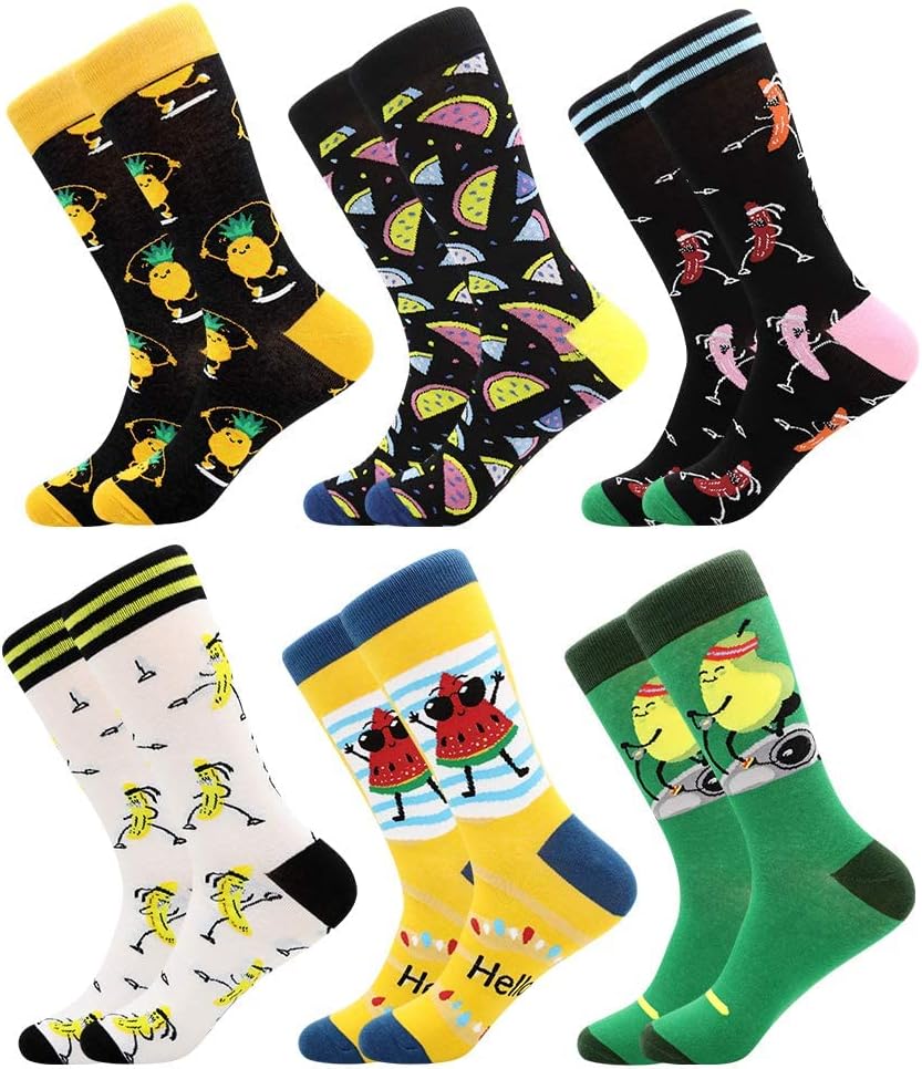 KASTWAVE 6 PCS Cotton Soft Funny Dress Socks for Men & Women - Funky Casual Crazy Colorful Patterned Funny Fruit Cartoon Cool Novelty Crew Socks Pack (Colored Fruit)