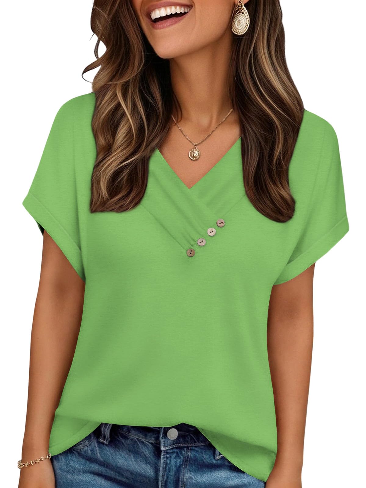 Cuptacc Tshirt Damen Elegante V Ausschnitt T Shirt Basic Kurzarm Mit Knöpfen