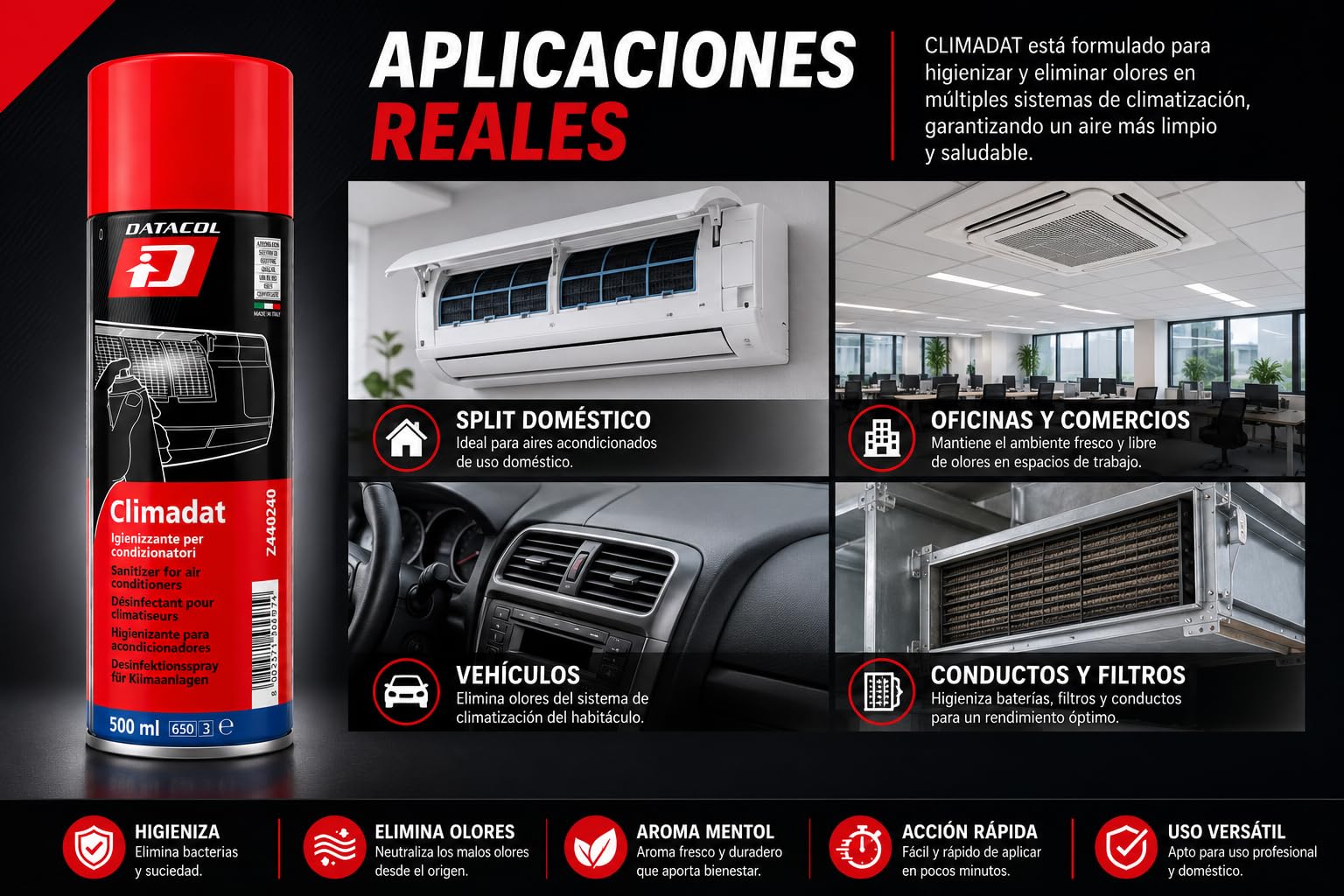 CLIMADAT Spray higienizante aire acondicionado 500 ml – Pack 6 unidades – Eliminador de olores y bacterias – Limpieza de filtros y baterías – Uso hogar y profesional