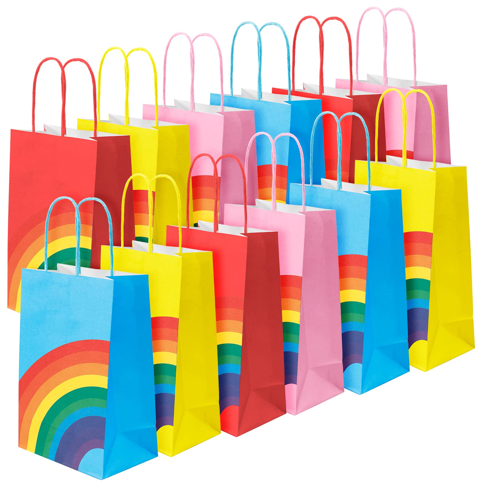 JOYSKY24 Pcs Rainbow Party Bags Party Paper Bags with Handles 13 x 8 x 22 cm Kraft Bags Treat Sweet Candy Gift Bags for Kids Party Wedding Birthday Favor Celebrations 6 Colour